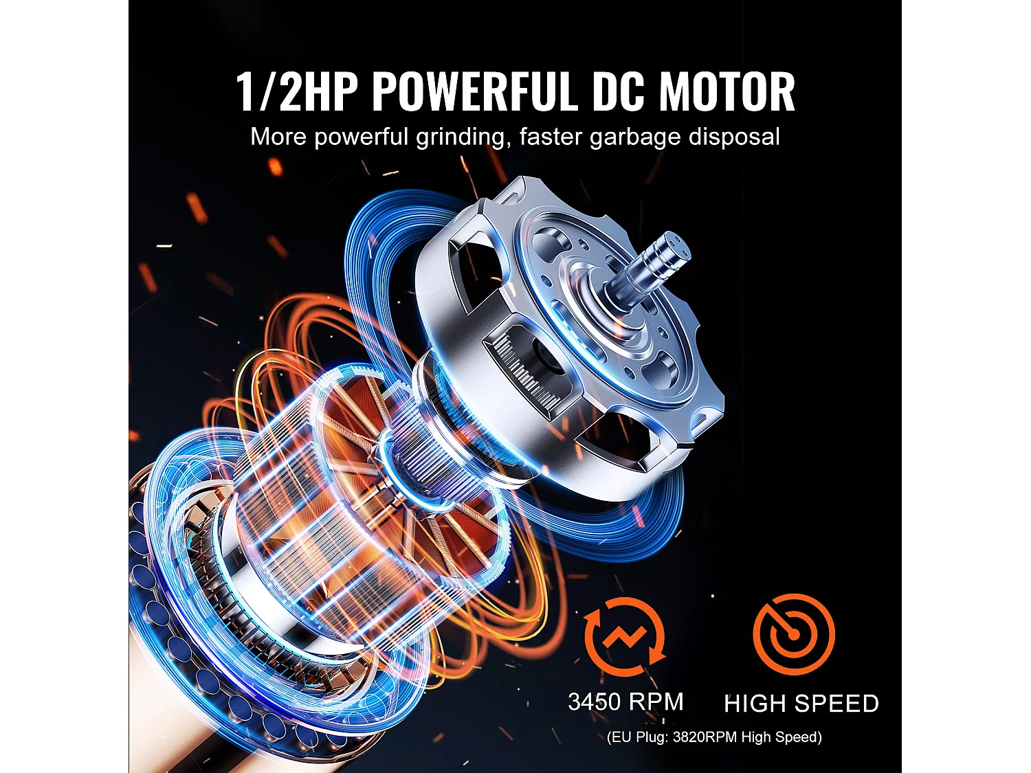 Broyeur SucceBuy Broyeur de Déchets de Cuisine, 1/2 CV, Système de Broyage des Déchets Alimentaires, 3820 tr/min, avec Cordon d'Alimentation