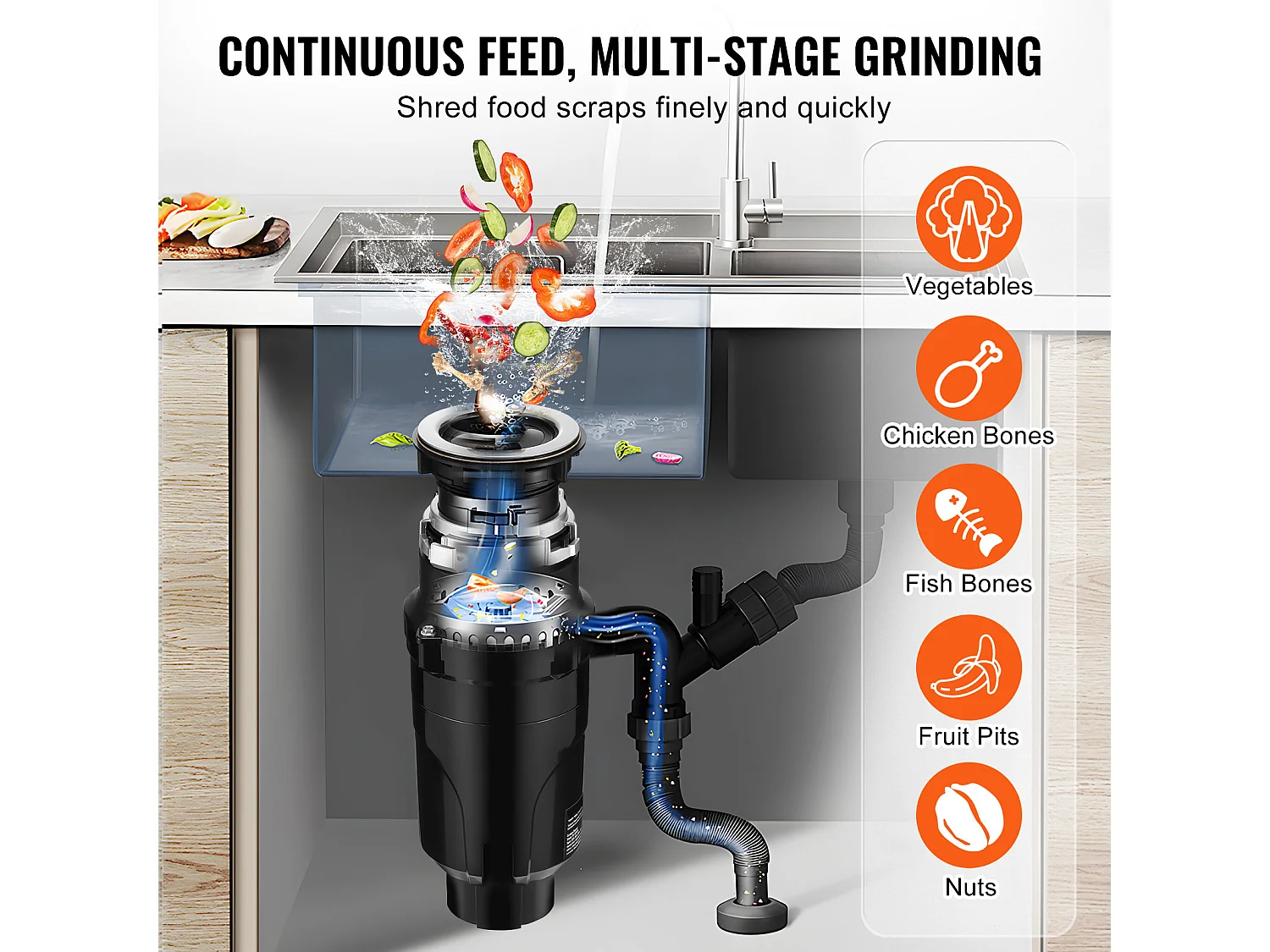 Broyeur SucceBuy Broyeur de Déchets de Cuisine, 1/2 CV, Système de Broyage des Déchets Alimentaires, 3820 tr/min, avec Cordon d'Alimentation