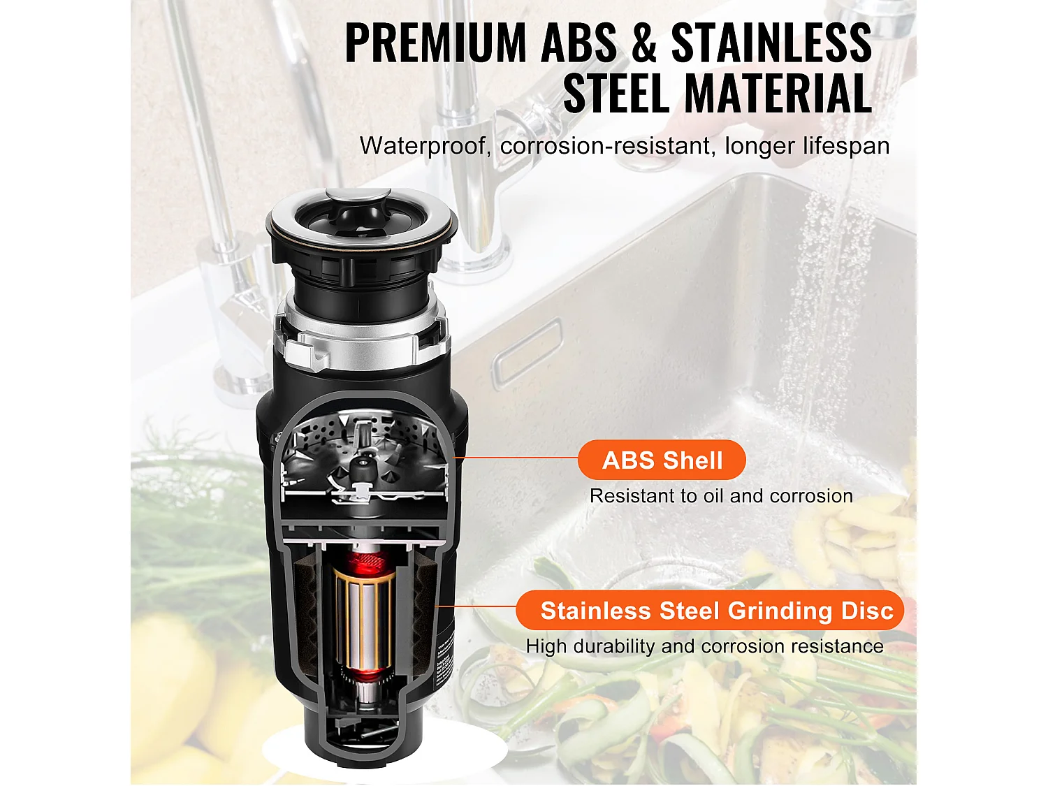 Broyeur SucceBuy Broyeur de Déchets de Cuisine, 1/2 CV, Système de Broyage des Déchets Alimentaires, 3820 tr/min, avec Cordon d'Alimentation