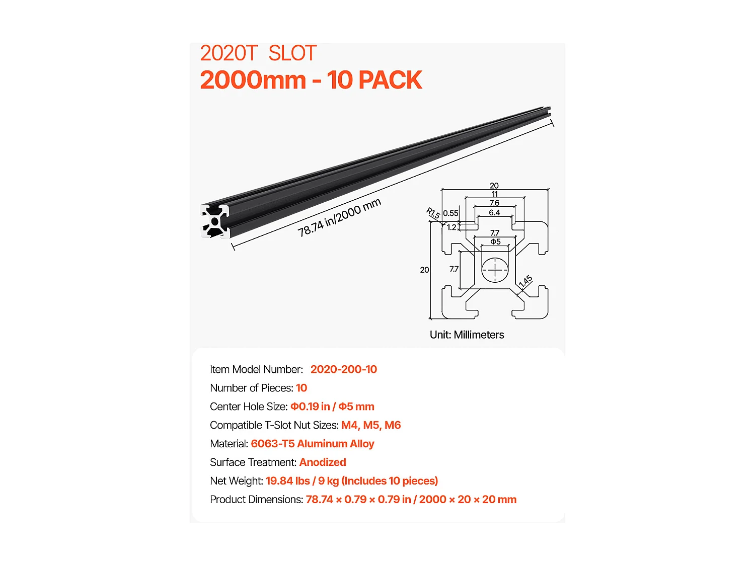 Profilés Aluminium SucceBuy 200 cm Rainure en T 2020 Lot de 10, Rails Linéaires Anodisés selon les Normes Européennes, Adaptés aux Imprimantes 3D