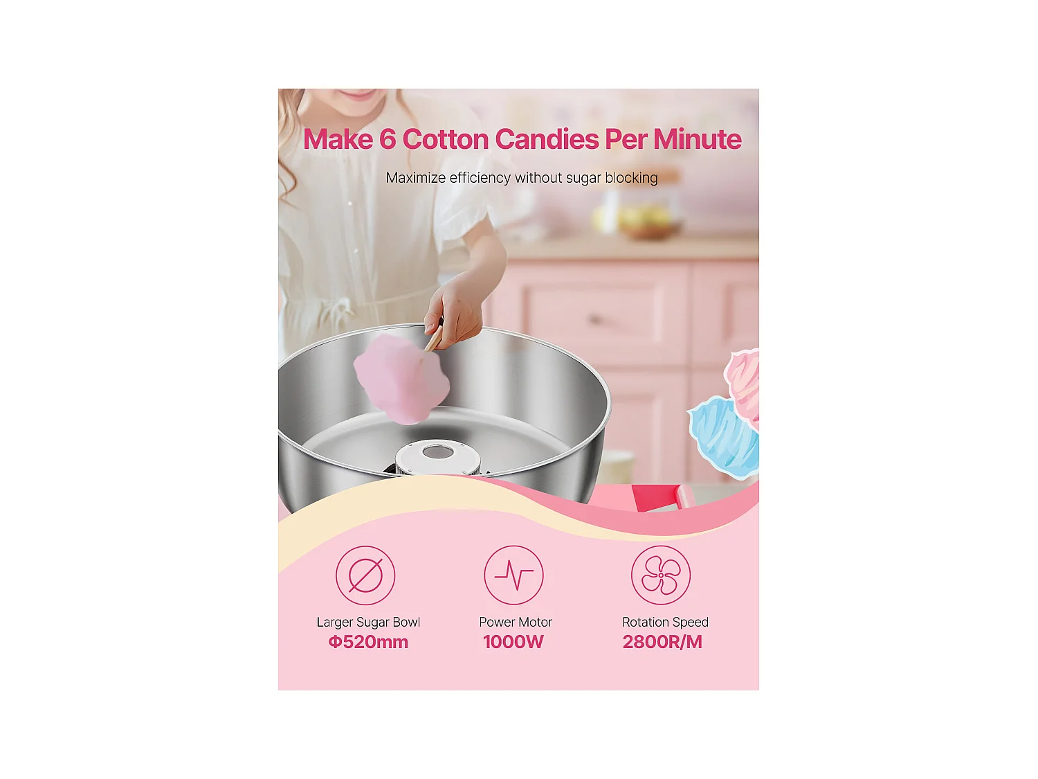 Machine à Barbe à Papa Électrique SucceBuy avec Chariot Appareil Commercial, Bol en Acier Inoxydable de 52 cm Cuillère à Sucre et Tiroir, 1000 W