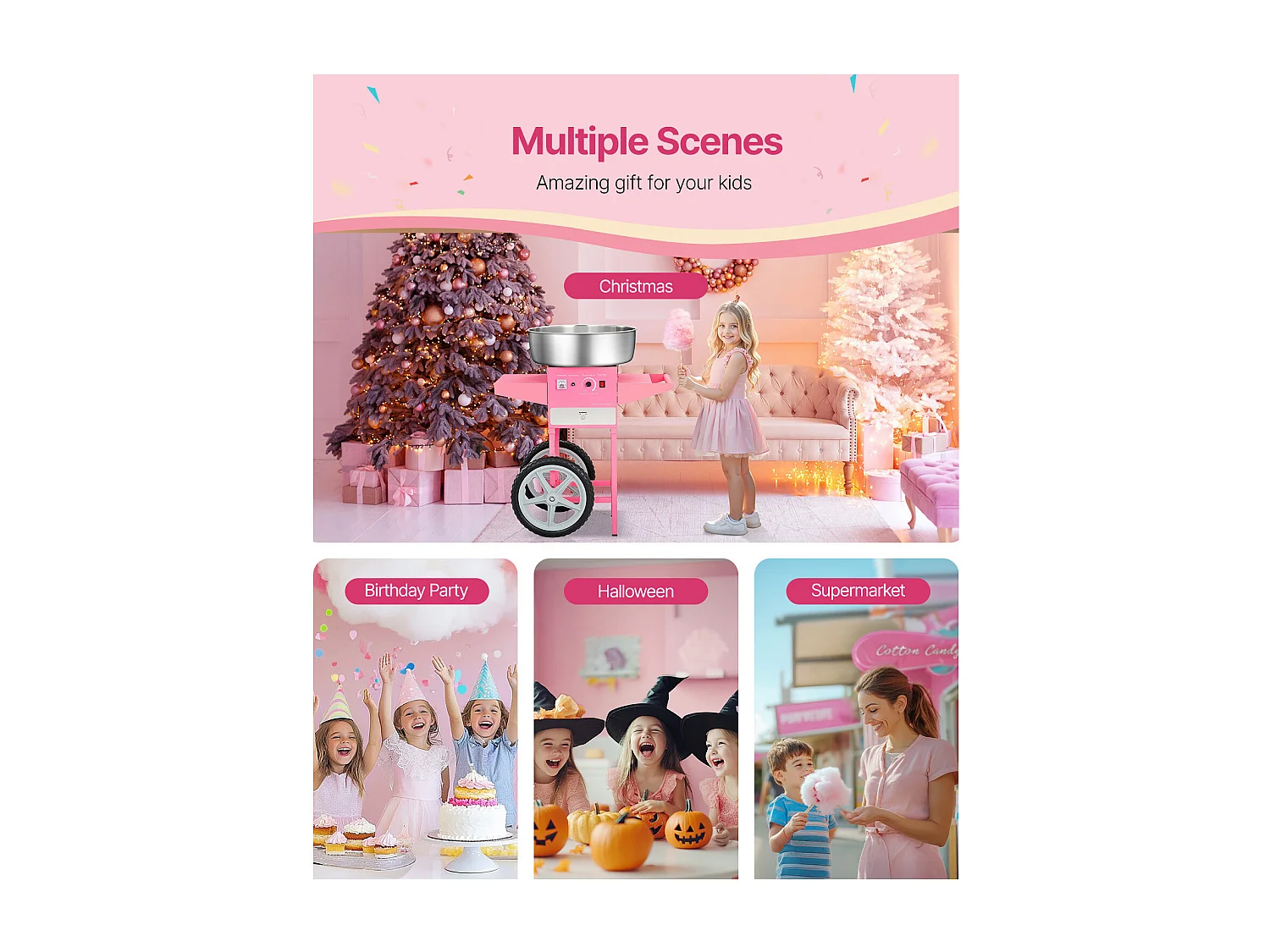 Machine à Barbe à Papa Électrique SucceBuy avec Chariot Appareil Commercial, Bol en Acier Inoxydable de 52 cm Cuillère à Sucre et Tiroir, 1000 W