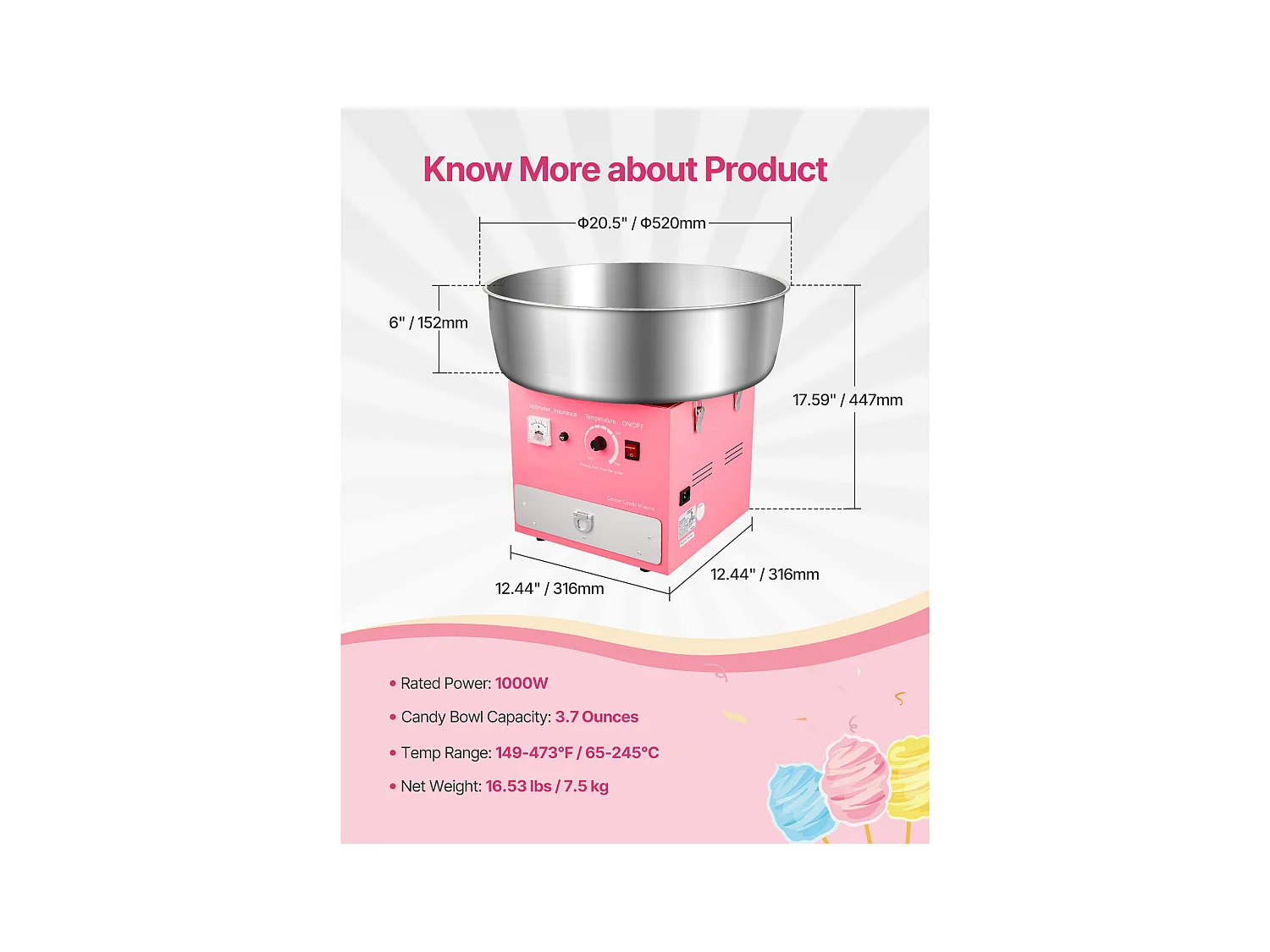 Machine à Barbe à Papa SucceBuy, Électrique 1000 W, Commercial, Bol Inox 52 cm, Cuillère/Tiroir, Anniversaire/Fête, Rose