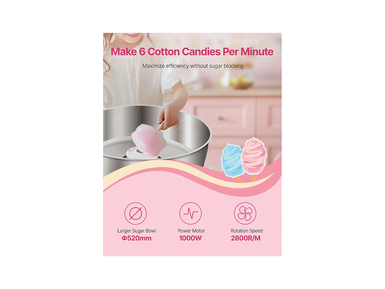 Machine à Barbe à Papa SucceBuy, Électrique 1000 W, Commercial, Bol Inox 52 cm, Cuillère/Tiroir, Anniversaire/Fête, Rose