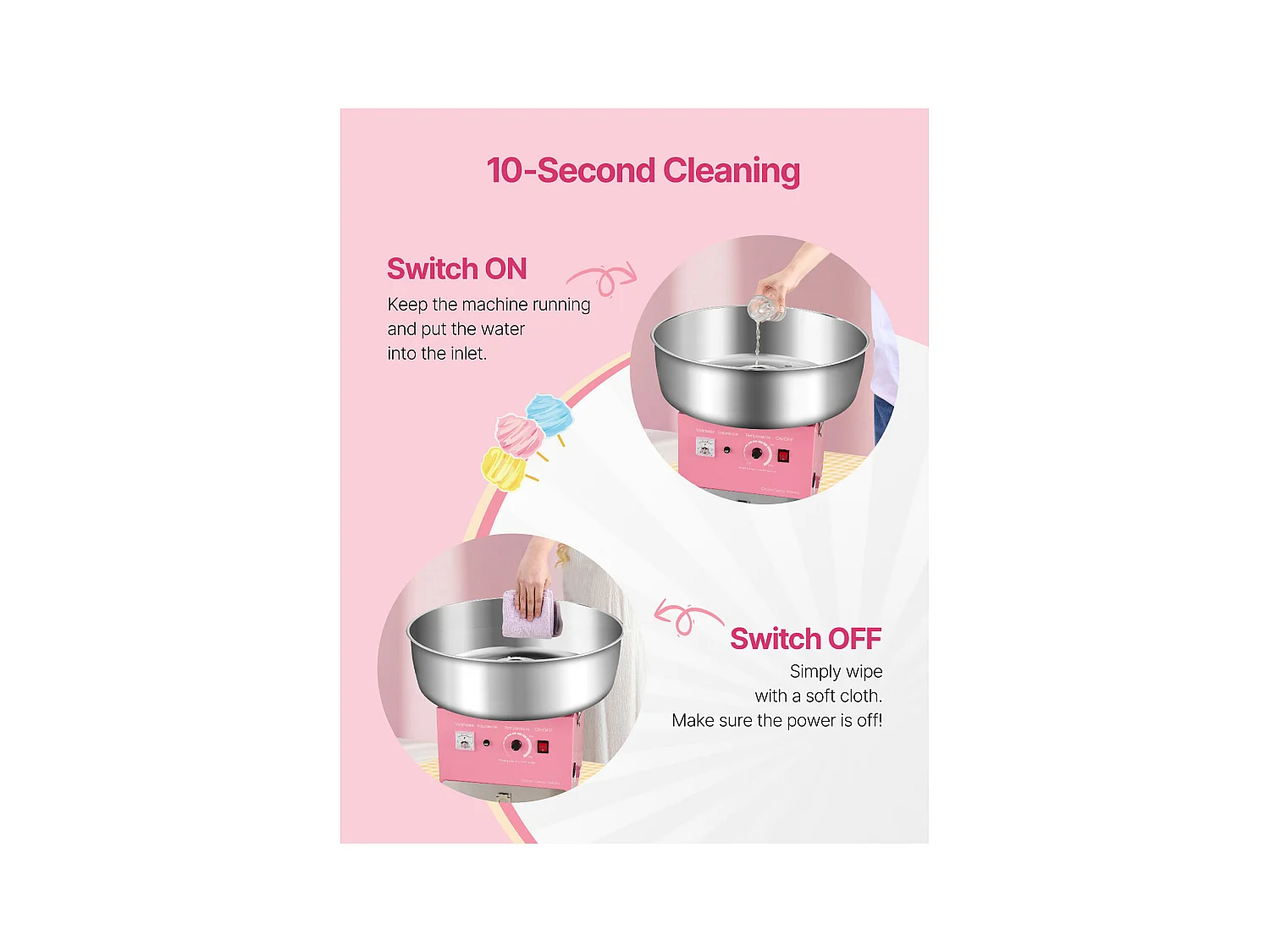 Machine à Barbe à Papa SucceBuy, Électrique 1000 W, Commercial, Bol Inox 52 cm, Cuillère/Tiroir, Anniversaire/Fête, Rose