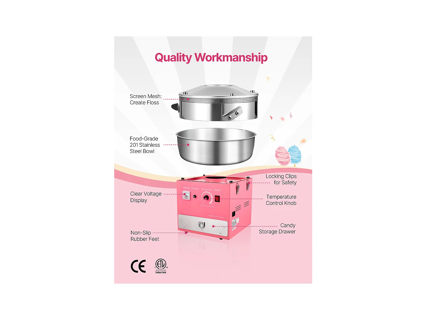 Machine à Barbe à Papa SucceBuy, Électrique 1000 W, Commercial, Bol Inox 52 cm, Cuillère/Tiroir, Anniversaire/Fête, Rose