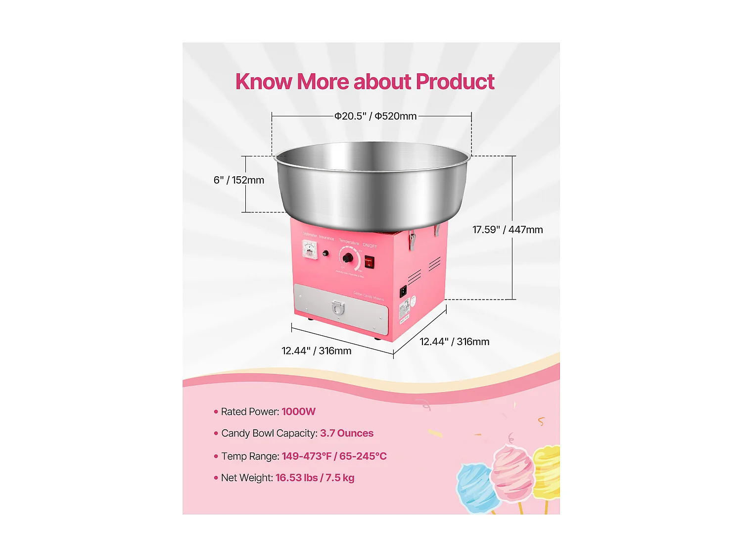 Machine à Barbe à Papa SucceBuy, Électrique 1000 W, Commercial, Bol Inox 52 cm, Cuillère/Tiroir, Anniversaire/Fête, Rose