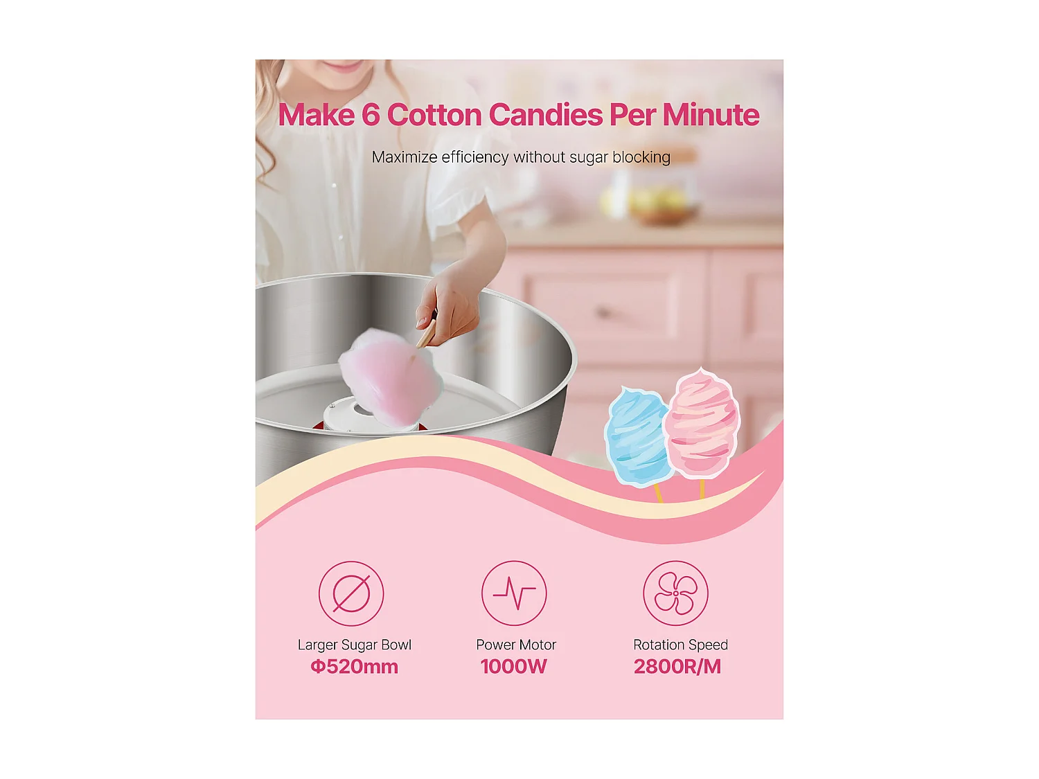 Machine à Barbe à Papa SucceBuy, Électrique 1000 W, Commercial, Bol Inox 52 cm, Cuillère/Tiroir, Anniversaire/Fête, Rose