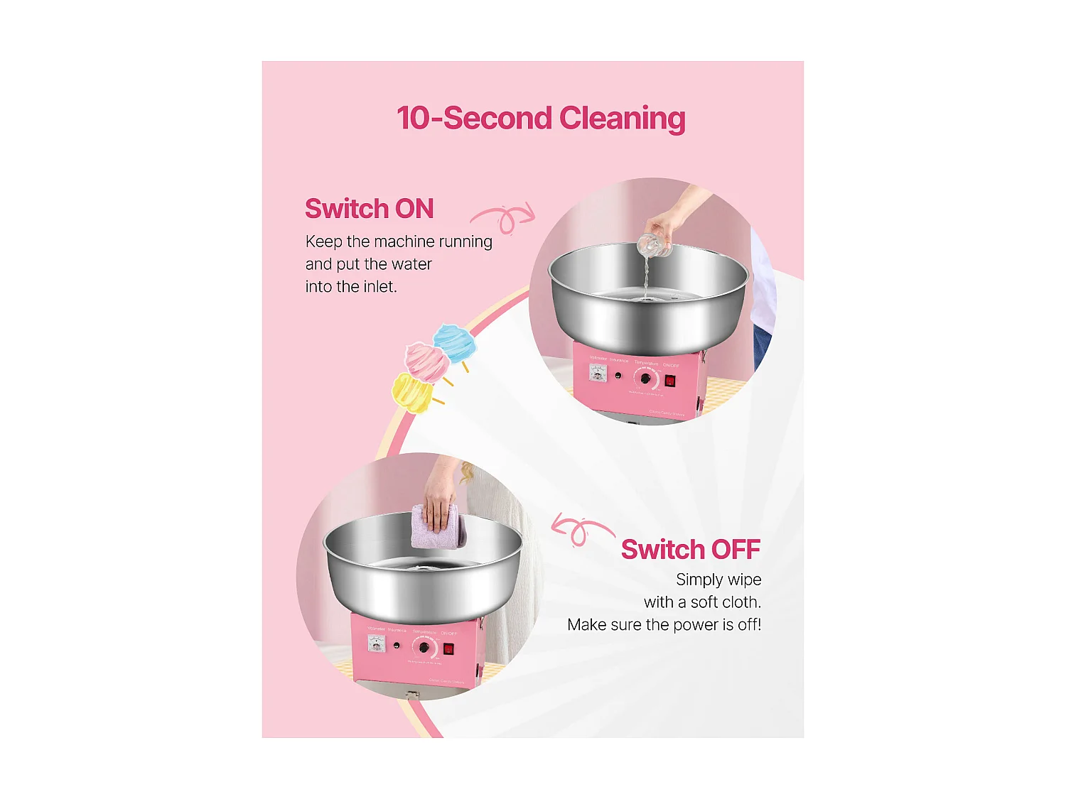 Machine à Barbe à Papa SucceBuy, Électrique 1000 W, Commercial, Bol Inox 52 cm, Cuillère/Tiroir, Anniversaire/Fête, Rose