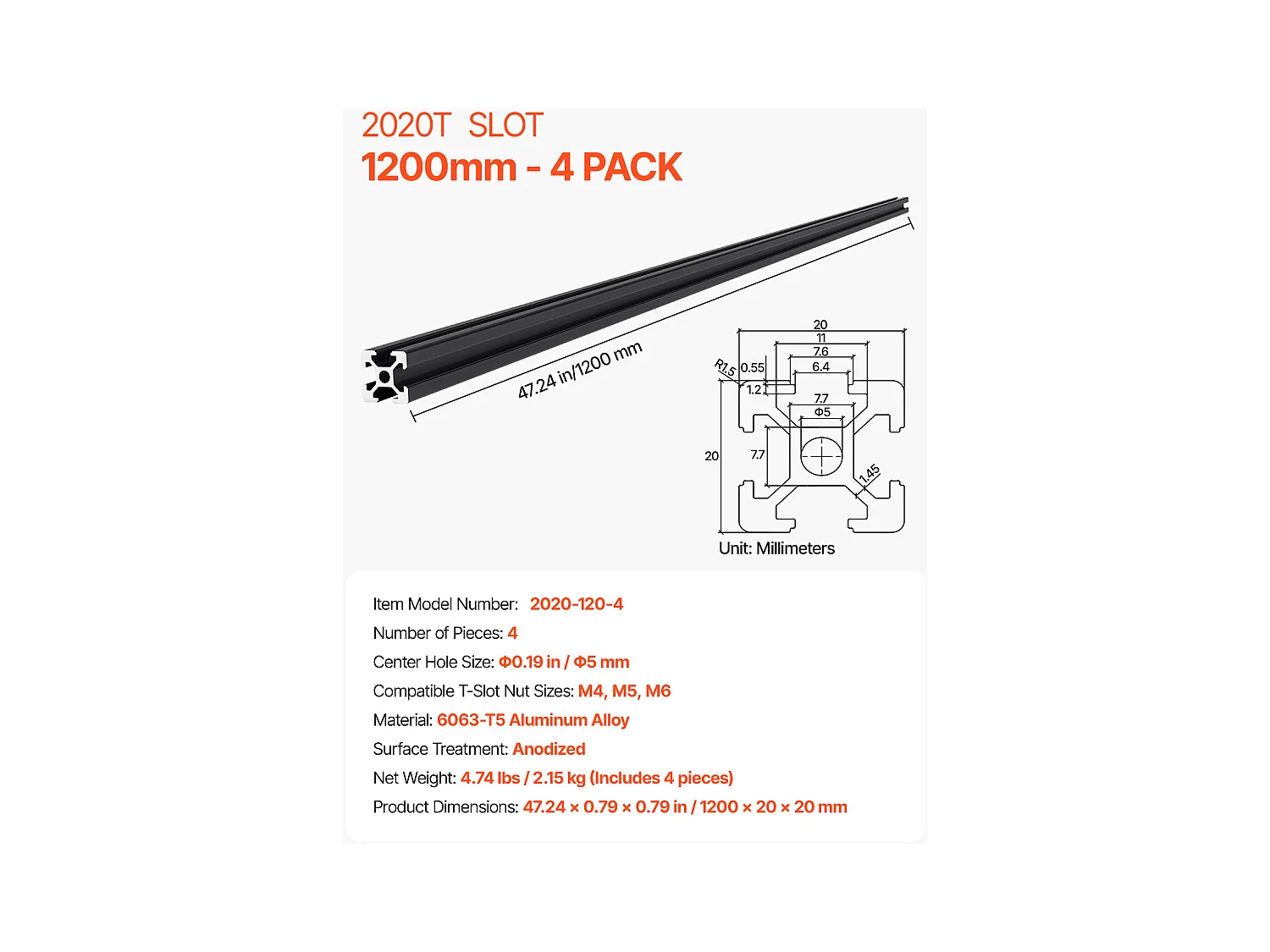 Profilés d'Extrusion SucceBuy en Aluminium 2020 à Rainure en T de 120 cm, Lot de 4, Rail Linéaire Anodisé Standard Européen, Extrudé Haute Résistance