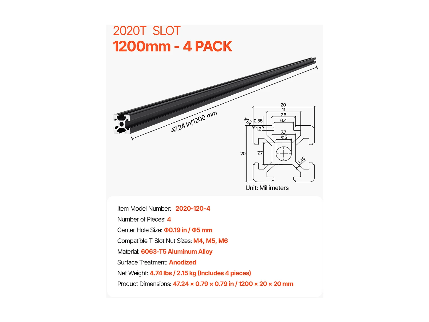 Profilés d'Extrusion SucceBuy en Aluminium 2020 à Rainure en T de 120 cm, Lot de 4, Rail Linéaire Anodisé Standard Européen, Extrudé Haute Résistance