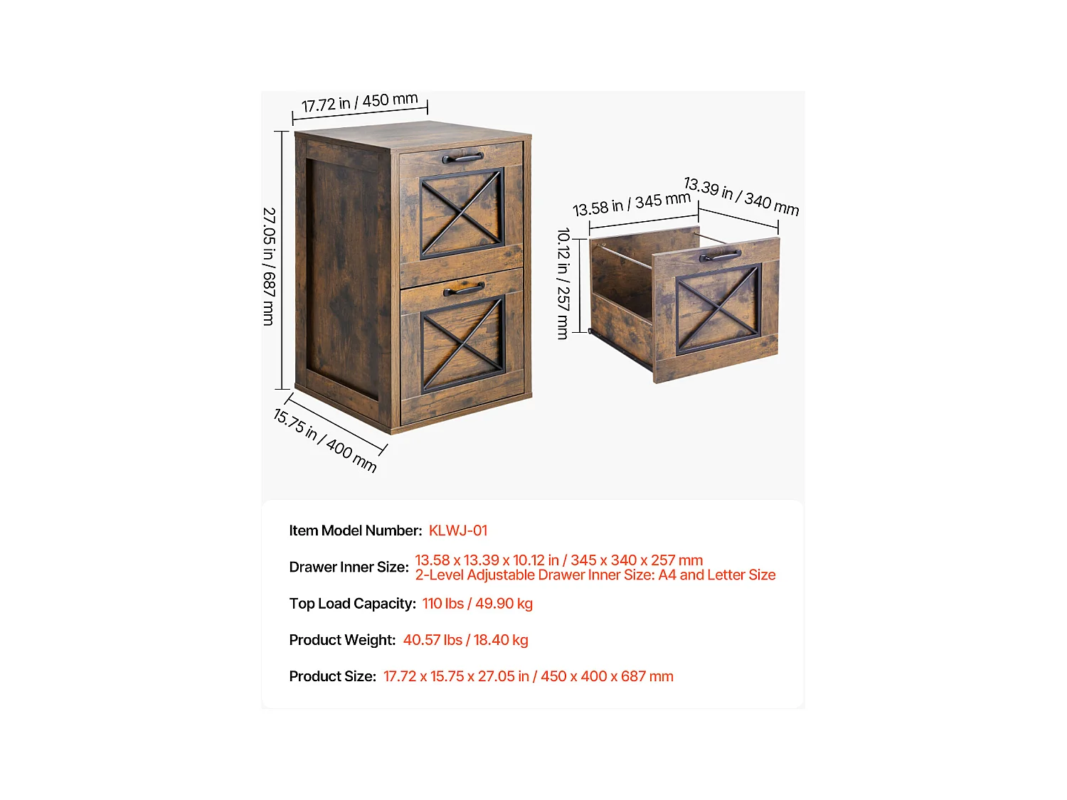 Classeur Vertical 2 Tiroirs ucceBuy, Robuste, Tringle Réglable (2 Niveaux), Document Rangement pour A4/Lettre/Légal, Facile à Assembler, Marron Miel