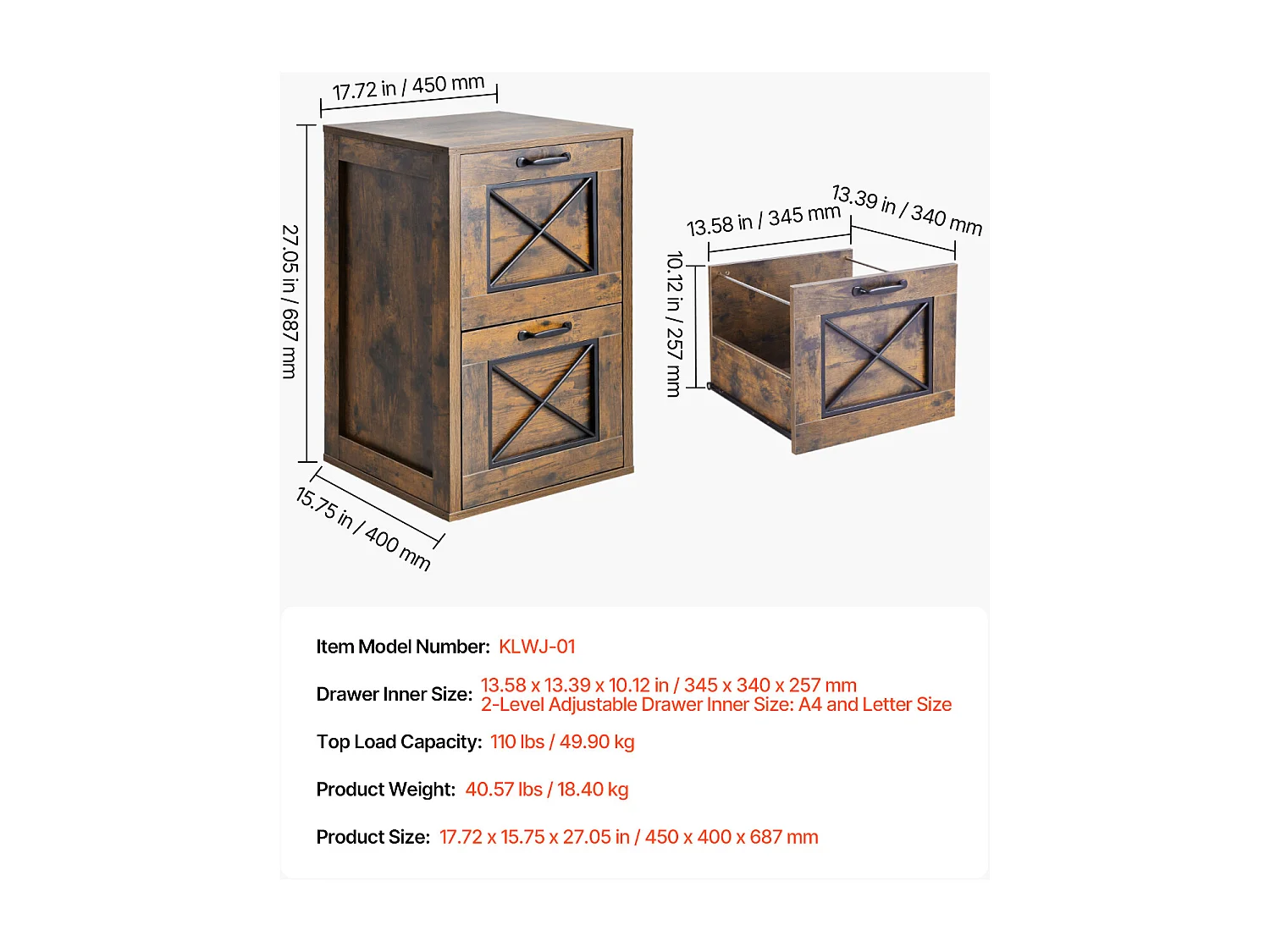 Classeur Vertical 2 Tiroirs ucceBuy, Robuste, Tringle Réglable (2 Niveaux), Document Rangement pour A4/Lettre/Légal, Facile à Assembler, Marron Miel