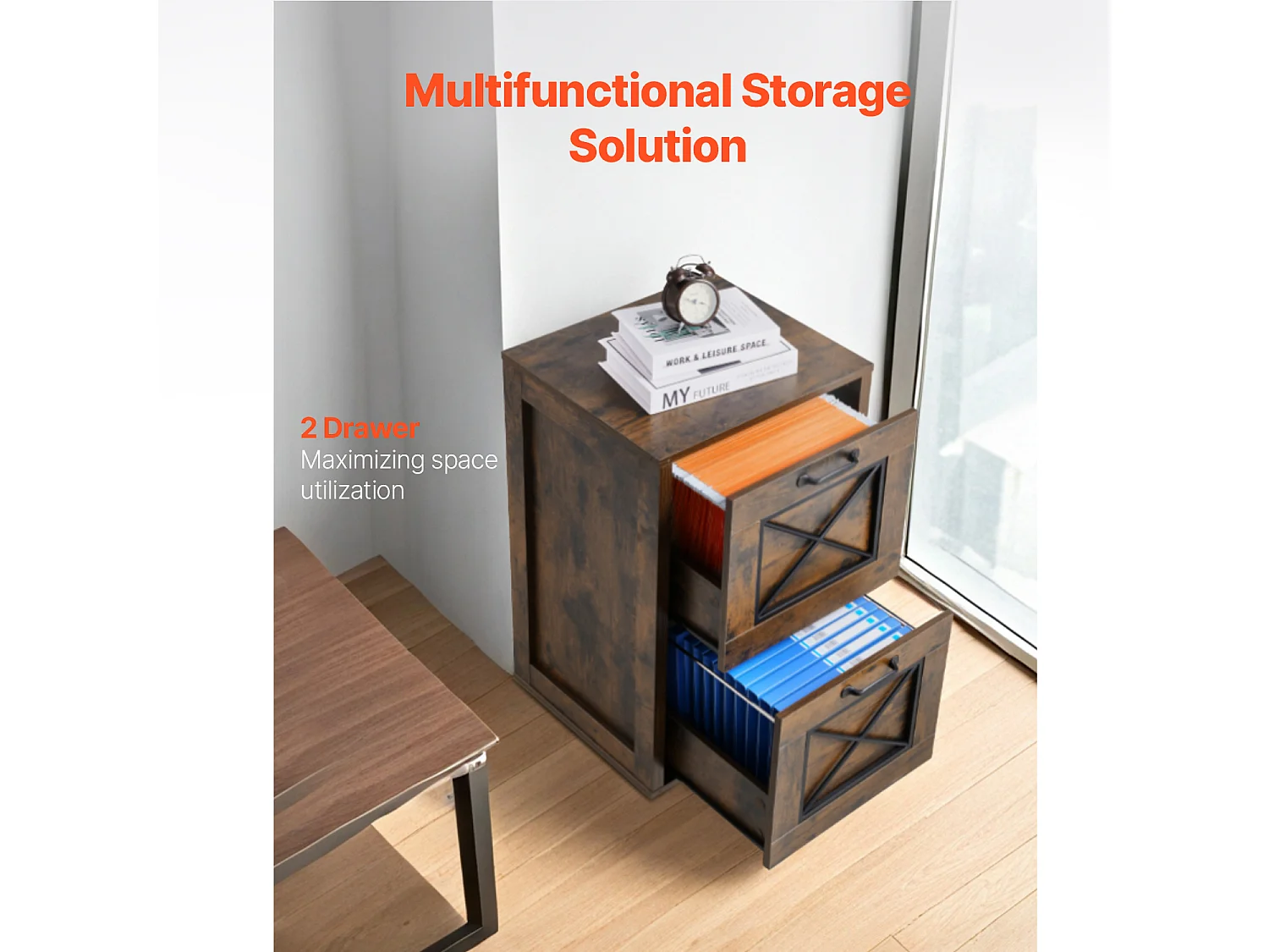 Classeur Vertical 2 Tiroirs ucceBuy, Robuste, Tringle Réglable (2 Niveaux), Document Rangement pour A4/Lettre/Légal, Facile à Assembler, Marron Miel