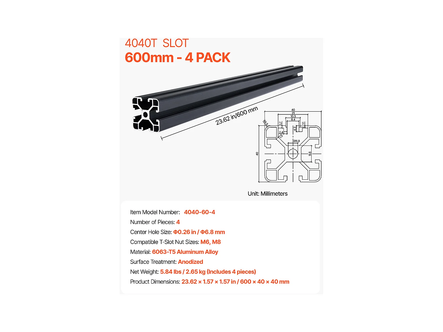 Profilés d'Extrusion SucceBuy en Aluminium 4040 à Rainure en T de 60 cm,Lot de 4, Rail Linéaire Anodisé Standard Européen, Extrudé Haute Résistance