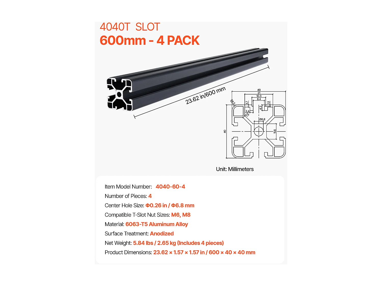 Profilés d'Extrusion SucceBuy en Aluminium 4040 à Rainure en T de 60 cm,Lot de 4, Rail Linéaire Anodisé Standard Européen, Extrudé Haute Résistance