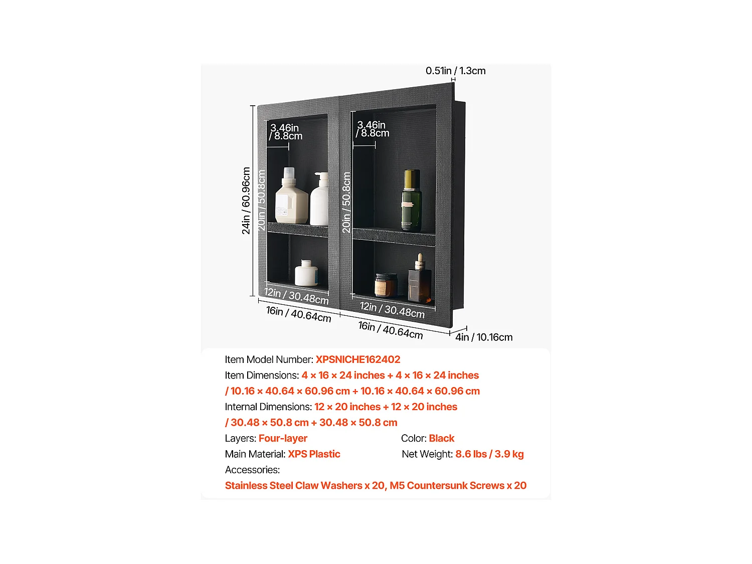 Niche Encastrable Salle de Bain SucceBuy, 40,6x61 cm + 40,6x61 cm, Murale Étagères de Rangement Moderne, Rangement Savon/Shampoing, Noir