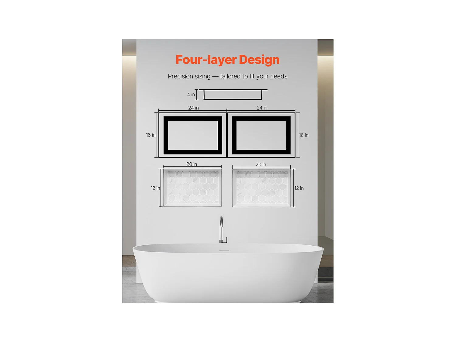 Niche Encastrable Salle de Bain SucceBuy, 40,6x61 cm + 40,6x61 cm, Murale Étagères de Rangement Moderne, Rangement Savon/Shampoing, Noir