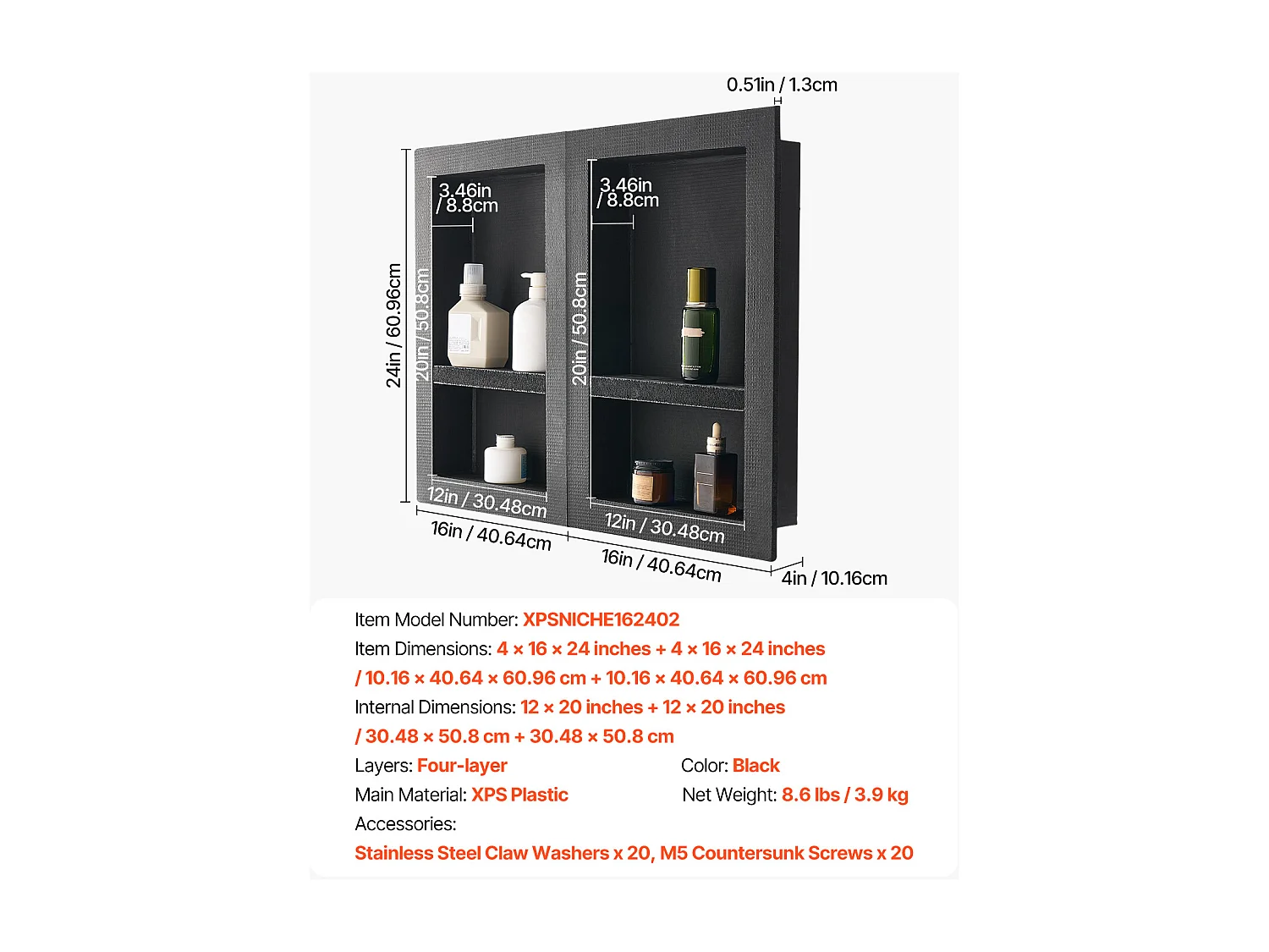 Niche Encastrable Salle de Bain SucceBuy, 40,6x61 cm + 40,6x61 cm, Murale Étagères de Rangement Moderne, Rangement Savon/Shampoing, Noir