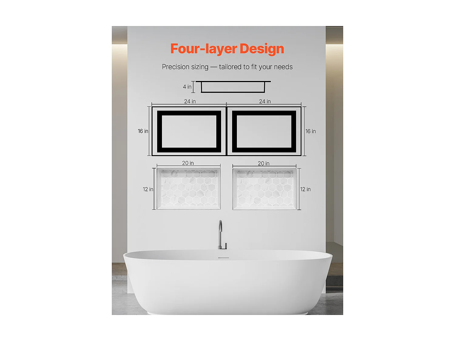 Niche Encastrable Salle de Bain SucceBuy, 40,6x61 cm + 40,6x61 cm, Murale Étagères de Rangement Moderne, Rangement Savon/Shampoing, Noir