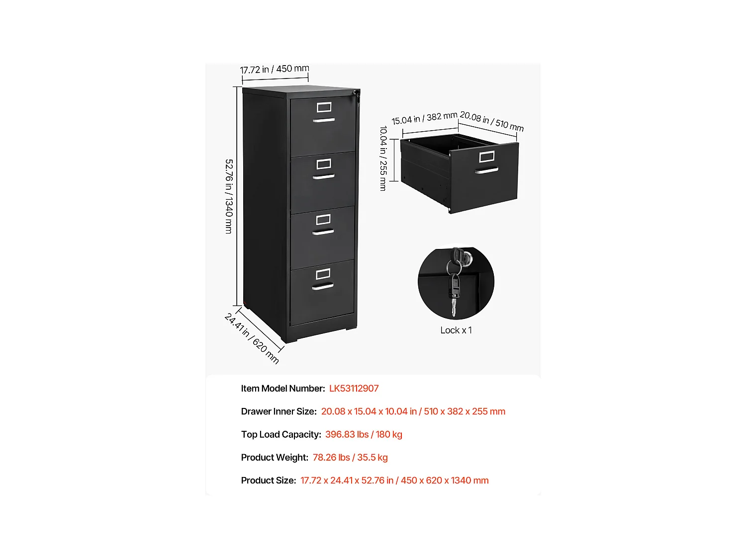 Classeur Vertical 4 Tiroirs SucceBuy avec Serrure, Caisson de Bureau en Métal, Tringle Amovible, Document Rangement pour A4/Lettre/Légal, Montage Facile, Noir
