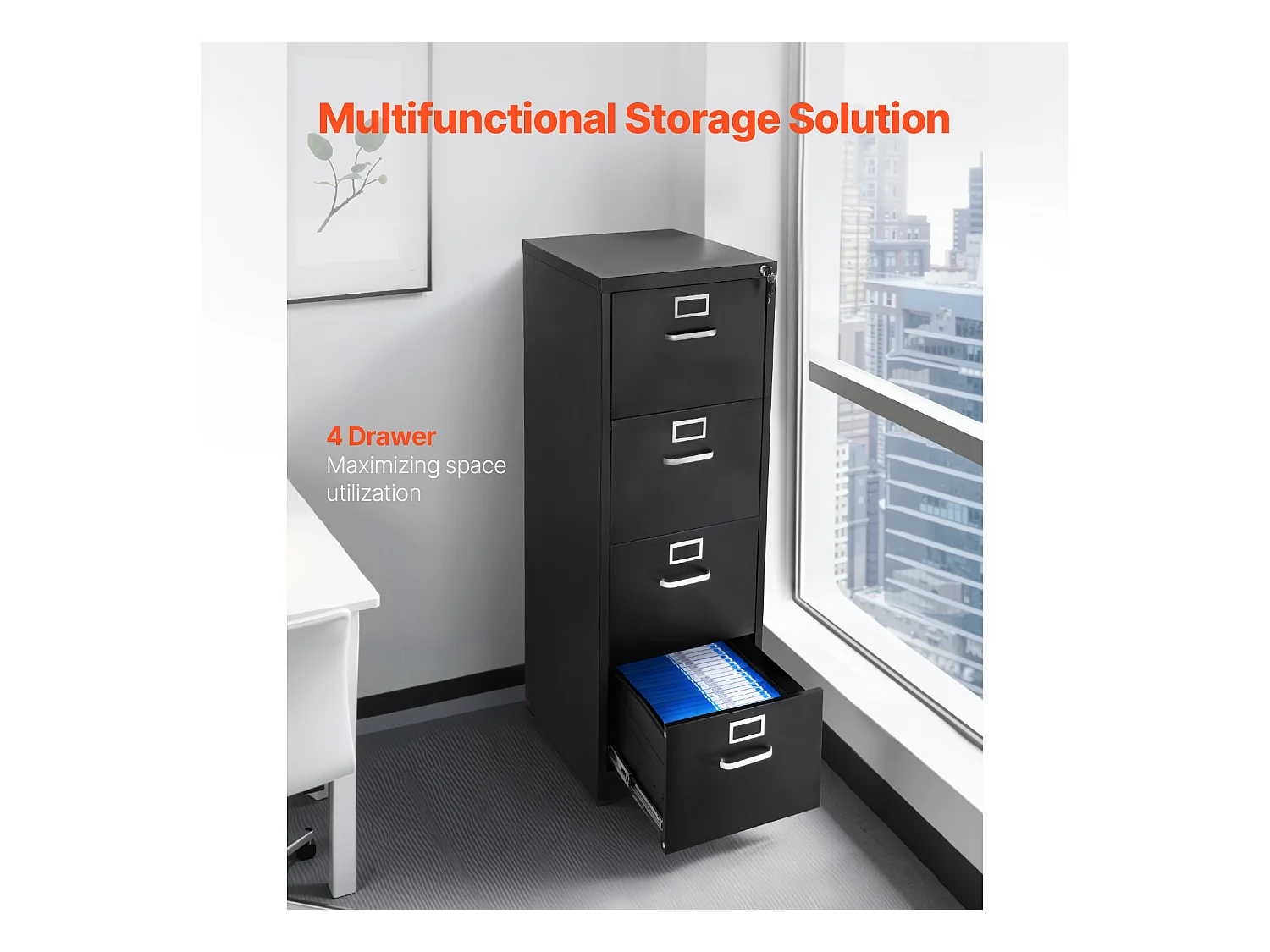Classeur Vertical 4 Tiroirs SucceBuy avec Serrure, Caisson de Bureau en Métal, Tringle Amovible, Document Rangement pour A4/Lettre/Légal, Montage Facile, Noir