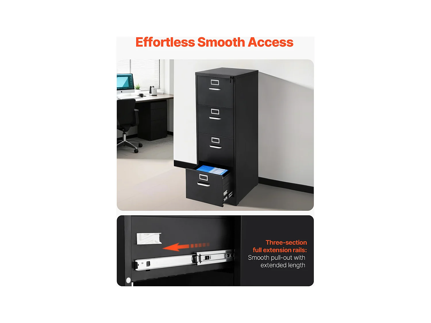 Classeur Vertical 4 Tiroirs SucceBuy avec Serrure, Caisson de Bureau en Métal, Tringle Amovible, Document Rangement pour A4/Lettre/Légal, Montage Facile, Noir