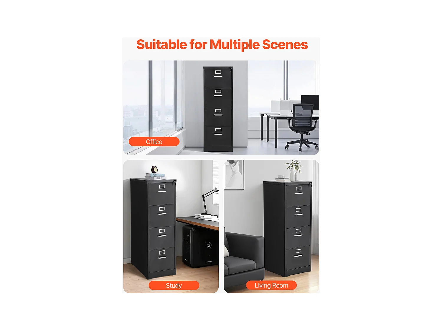 Classeur Vertical 4 Tiroirs SucceBuy avec Serrure, Caisson de Bureau en Métal, Tringle Amovible, Document Rangement pour A4/Lettre/Légal, Montage Facile, Noir