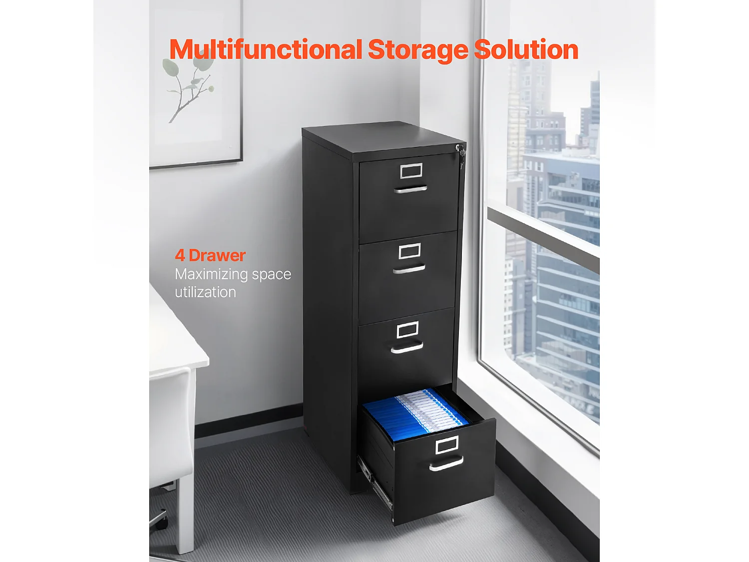 Classeur Vertical 4 Tiroirs SucceBuy avec Serrure, Caisson de Bureau en Métal, Tringle Amovible, Document Rangement pour A4/Lettre/Légal, Montage Facile, Noir