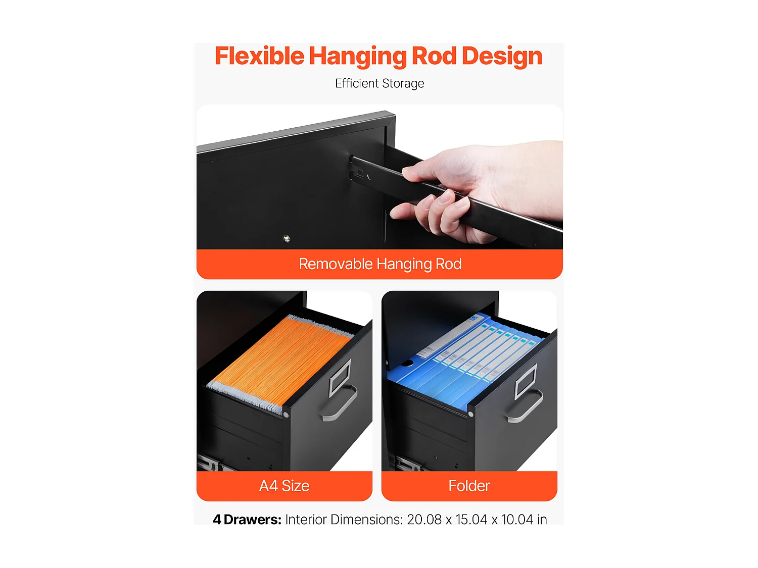 Classeur Vertical 4 Tiroirs SucceBuy avec Serrure, Caisson de Bureau en Métal, Tringle Amovible, Document Rangement pour A4/Lettre/Légal, Montage Facile, Noir