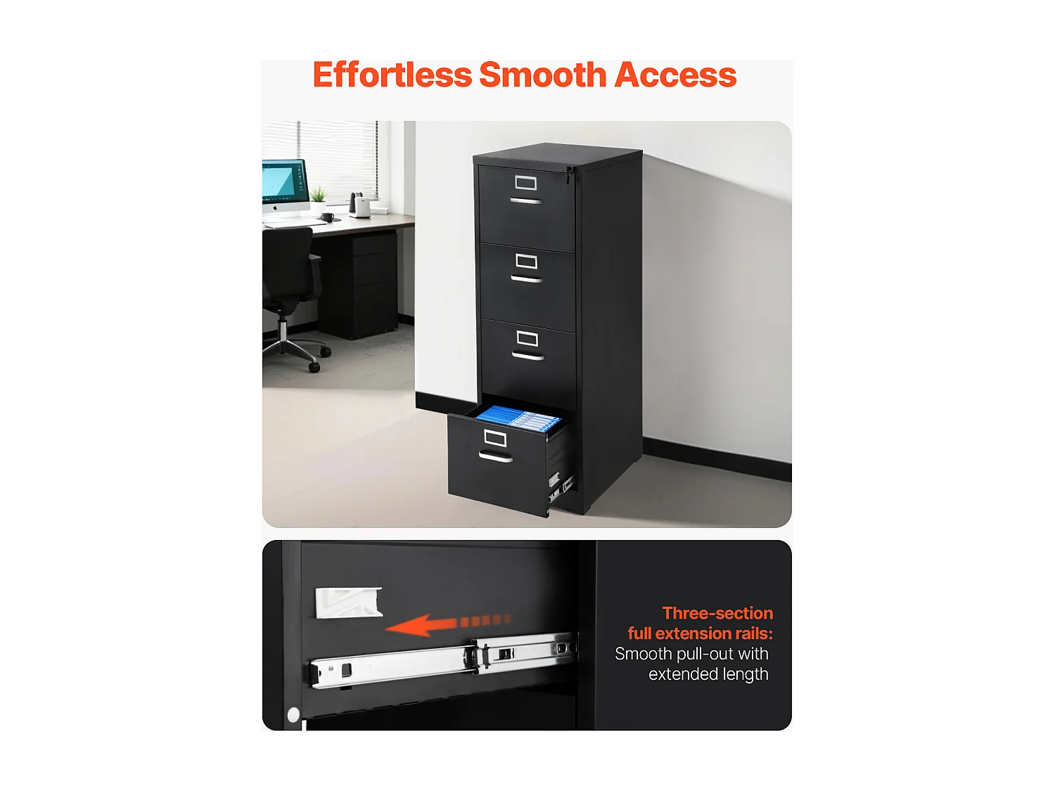 Classeur Vertical 4 Tiroirs SucceBuy avec Serrure, Caisson de Bureau en Métal, Tringle Amovible, Document Rangement pour A4/Lettre/Légal, Montage Facile, Noir