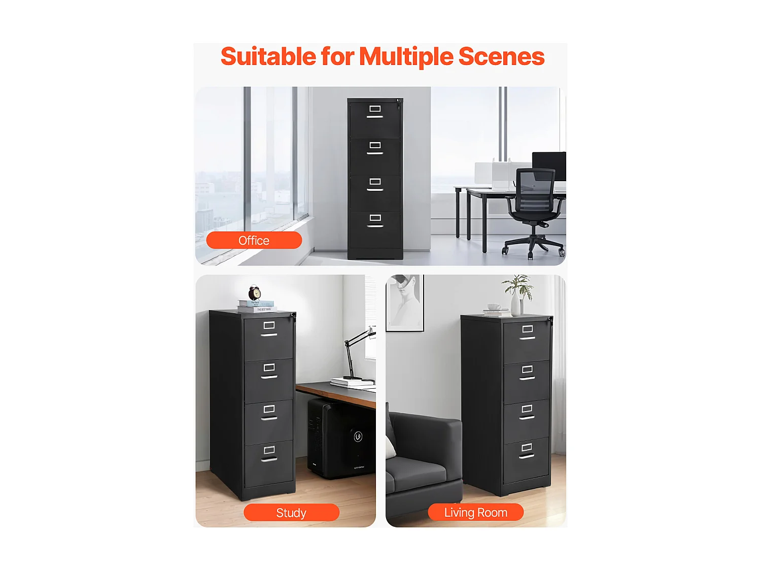 Classeur Vertical 4 Tiroirs SucceBuy avec Serrure, Caisson de Bureau en Métal, Tringle Amovible, Document Rangement pour A4/Lettre/Légal, Montage Facile, Noir