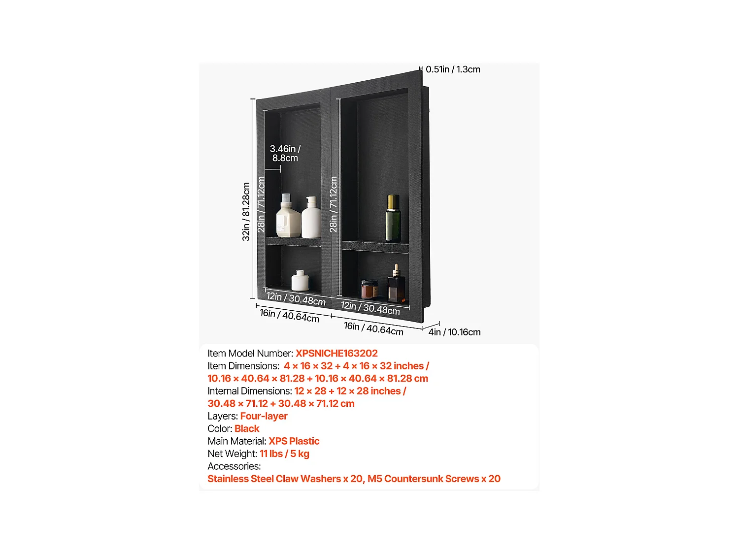 Niche Encastrable Salle de Bain SucceBuy, 40,6x81,3 cm + 40,6x81,3 cm,Murale Étagères de Rangement Moderne, Rangement Savon/Shampoing, Noir