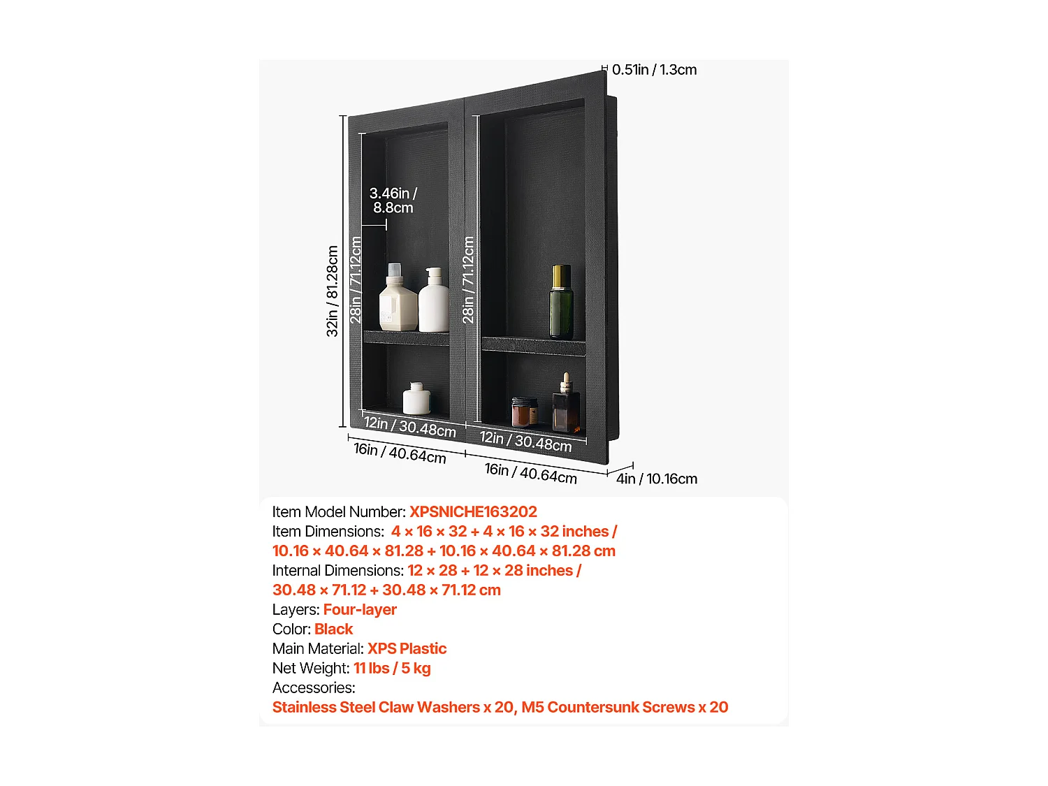 Niche Encastrable Salle de Bain SucceBuy, 40,6x81,3 cm + 40,6x81,3 cm,Murale Étagères de Rangement Moderne, Rangement Savon/Shampoing, Noir