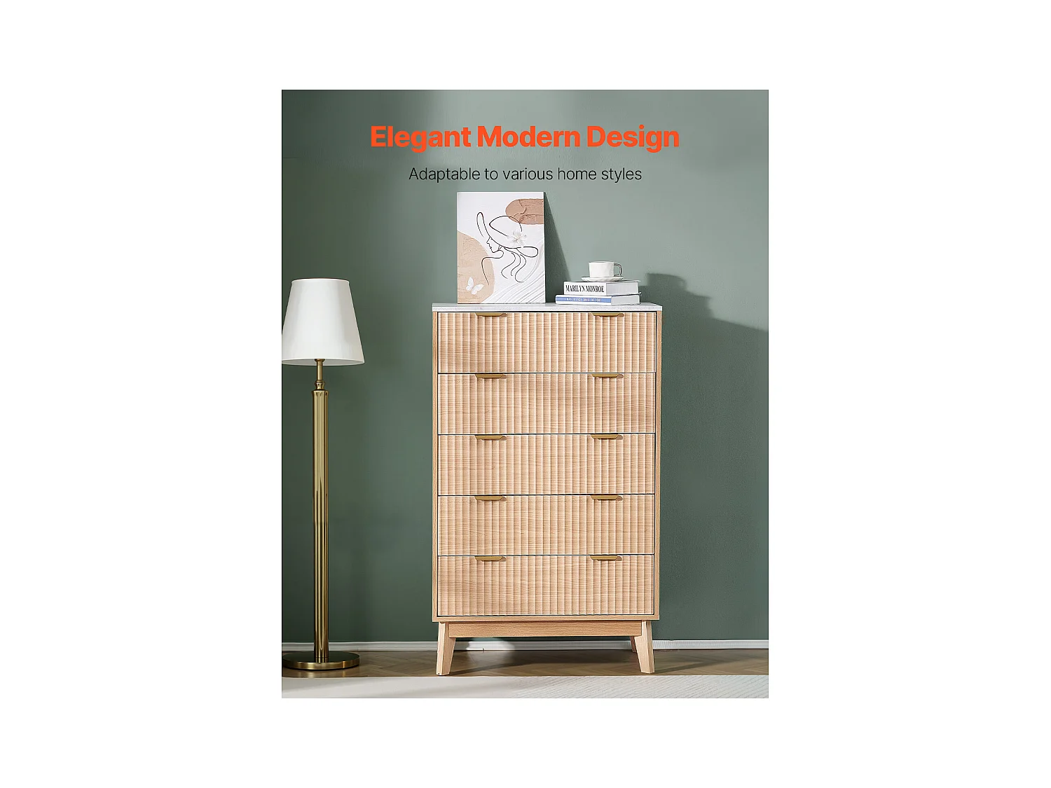 Commode 5 Tiroirs Cannelés SucceBuy, Bois, Système Coulissant/Anti-Basculement, Style Moderne, Organisateur, Salon/Couloir/Chambre/Entrée, Bois Clair