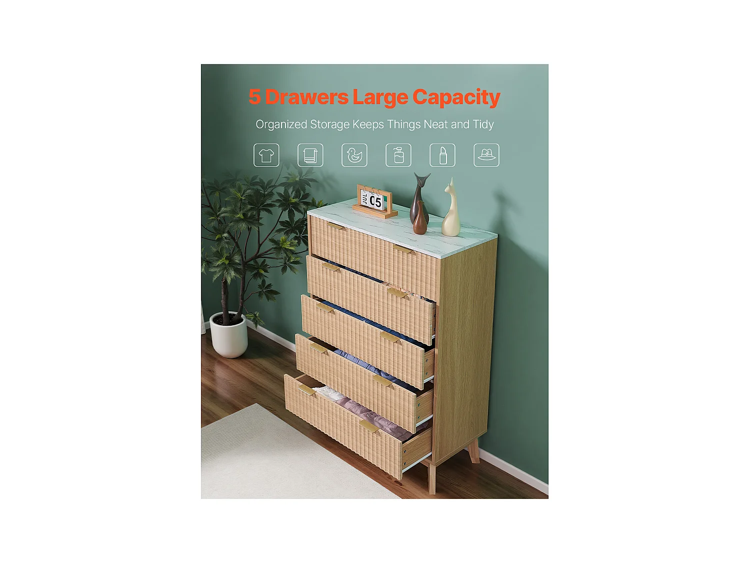 Commode 5 Tiroirs Cannelés SucceBuy, Bois, Système Coulissant/Anti-Basculement, Style Moderne, Organisateur, Salon/Couloir/Chambre/Entrée, Bois Clair