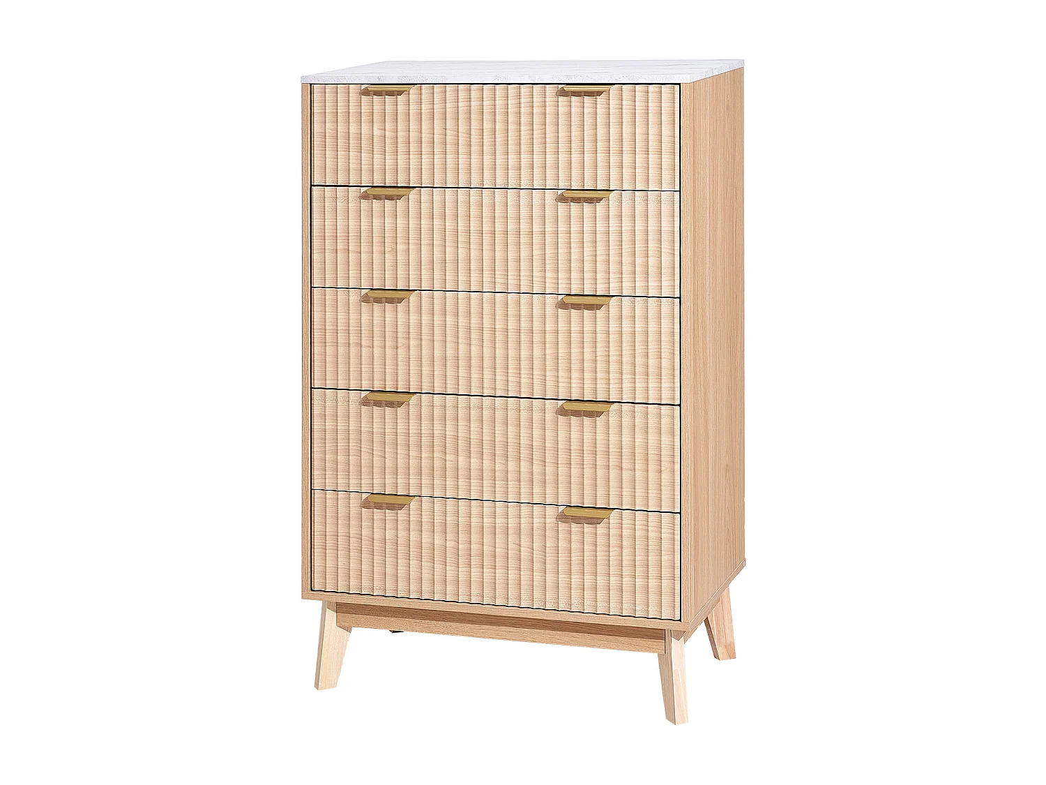 Commode 5 Tiroirs Cannelés SucceBuy, Bois, Système Coulissant/Anti-Basculement, Style Moderne, Organisateur, Salon/Couloir/Chambre/Entrée, Bois Clair