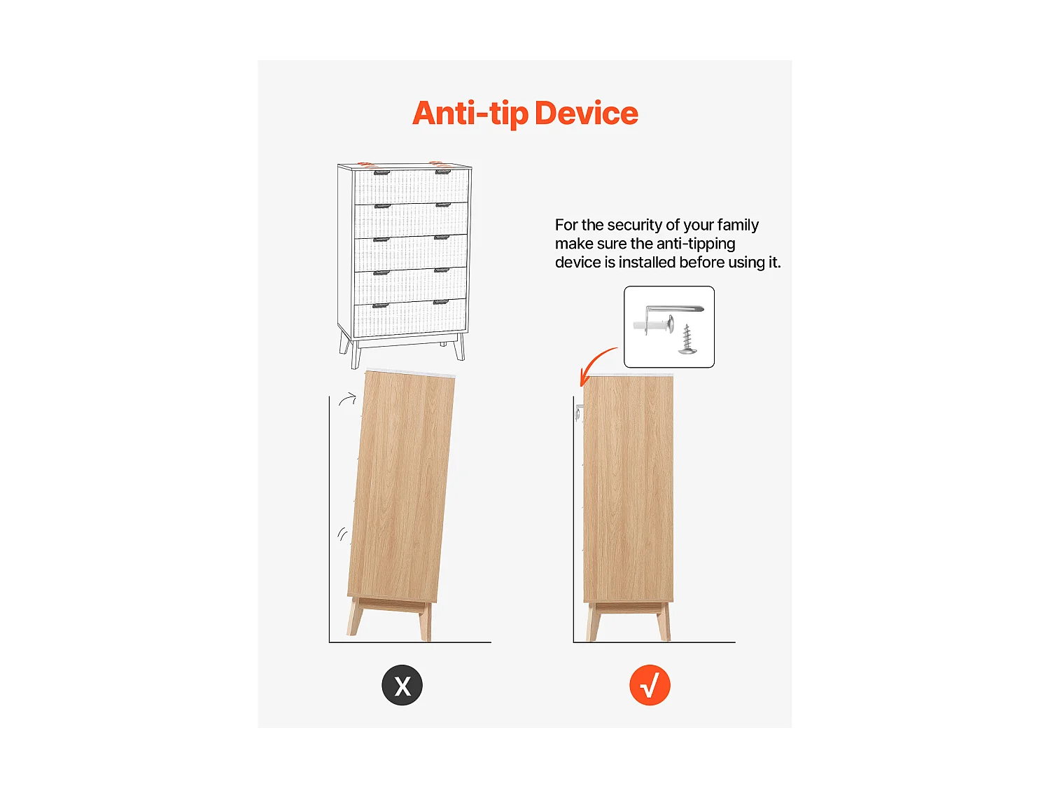 Commode 5 Tiroirs Cannelés SucceBuy, Bois, Système Coulissant/Anti-Basculement, Style Moderne, Organisateur, Salon/Couloir/Chambre/Entrée, Bois Clair