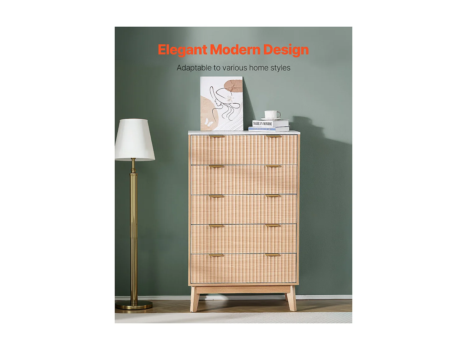 Commode 5 Tiroirs Cannelés SucceBuy, Bois, Système Coulissant/Anti-Basculement, Style Moderne, Organisateur, Salon/Couloir/Chambre/Entrée, Bois Clair