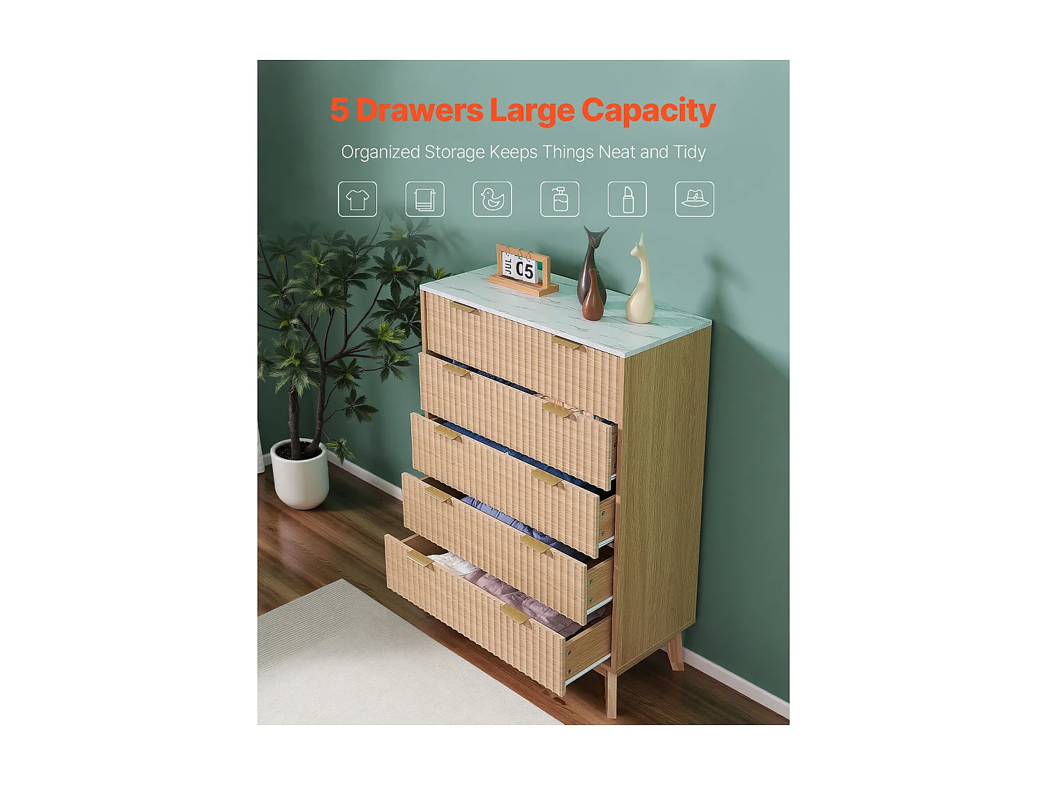 Commode 5 Tiroirs Cannelés SucceBuy, Bois, Système Coulissant/Anti-Basculement, Style Moderne, Organisateur, Salon/Couloir/Chambre/Entrée, Bois Clair