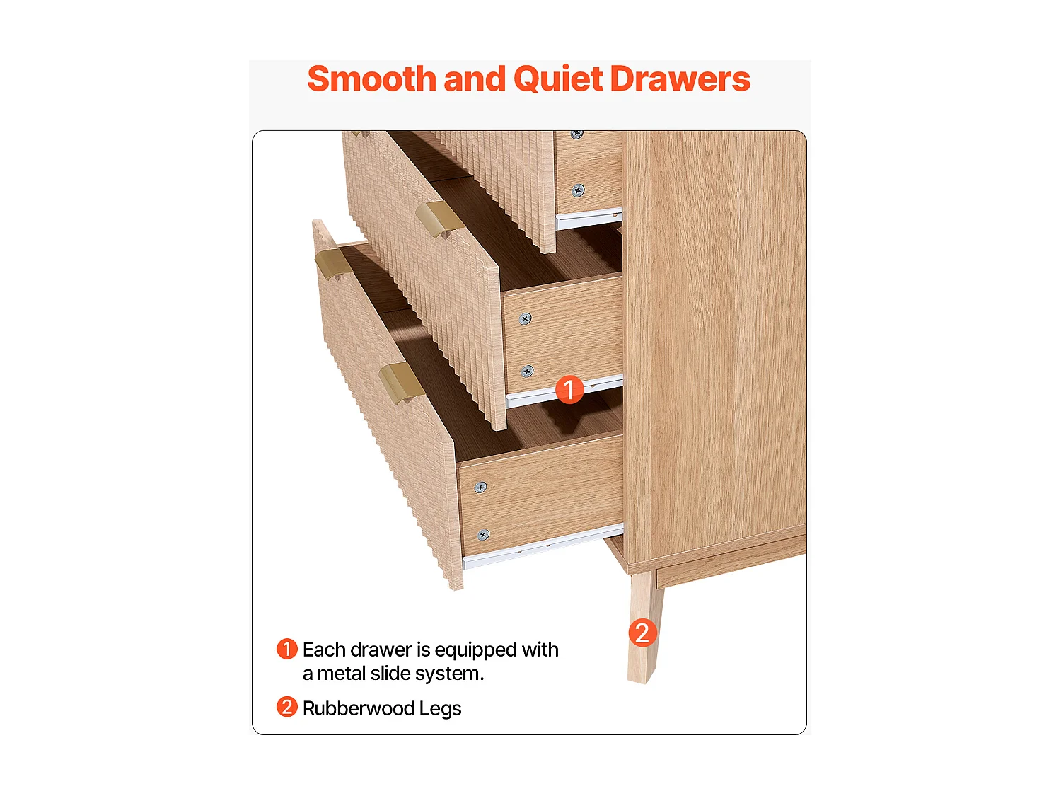 Commode 5 Tiroirs Cannelés SucceBuy, Bois, Système Coulissant/Anti-Basculement, Style Moderne, Organisateur, Salon/Couloir/Chambre/Entrée, Bois Clair