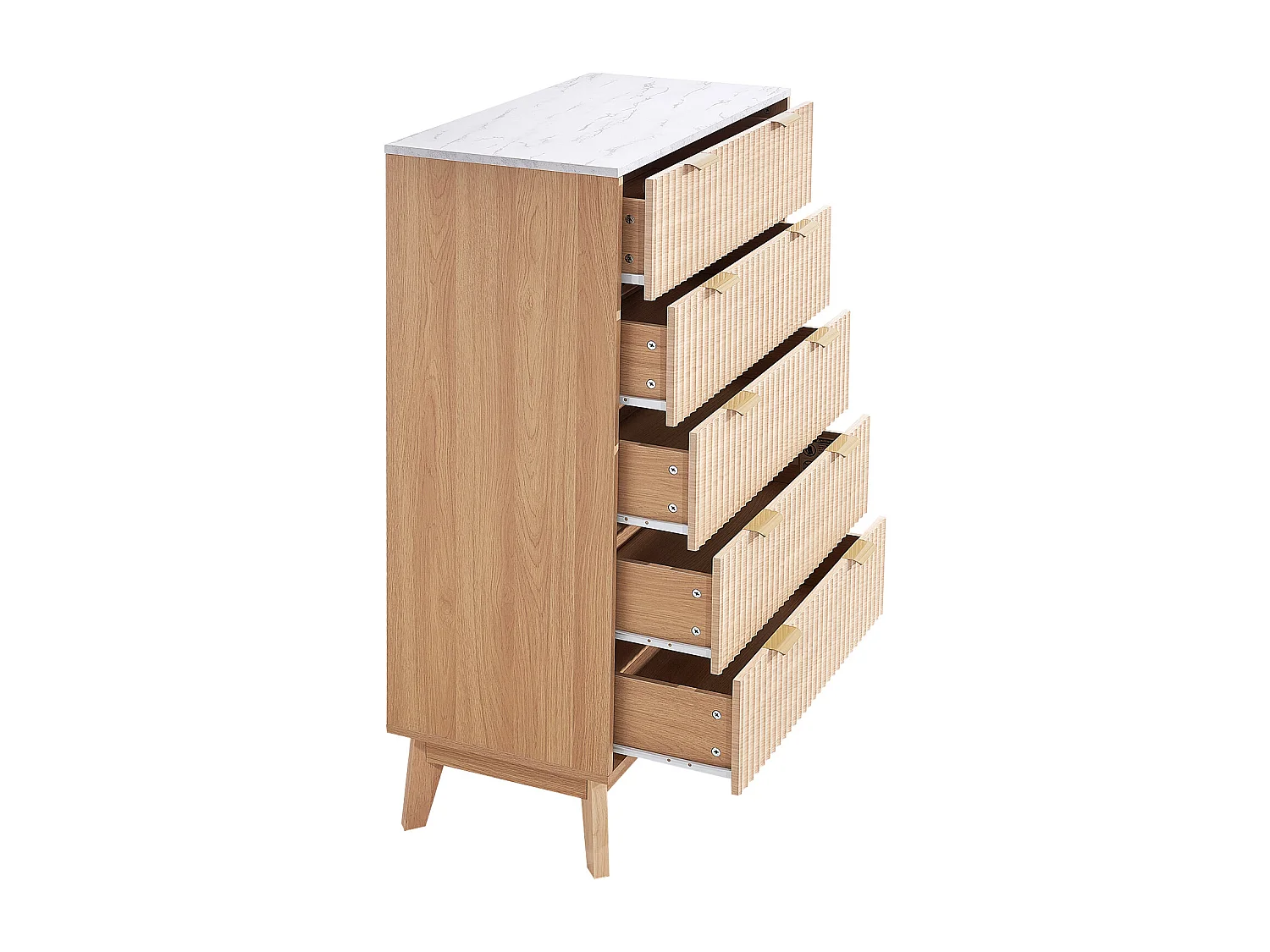 Commode 5 Tiroirs Cannelés SucceBuy, Bois, Système Coulissant/Anti-Basculement, Style Moderne, Organisateur, Salon/Couloir/Chambre/Entrée, Bois Clair