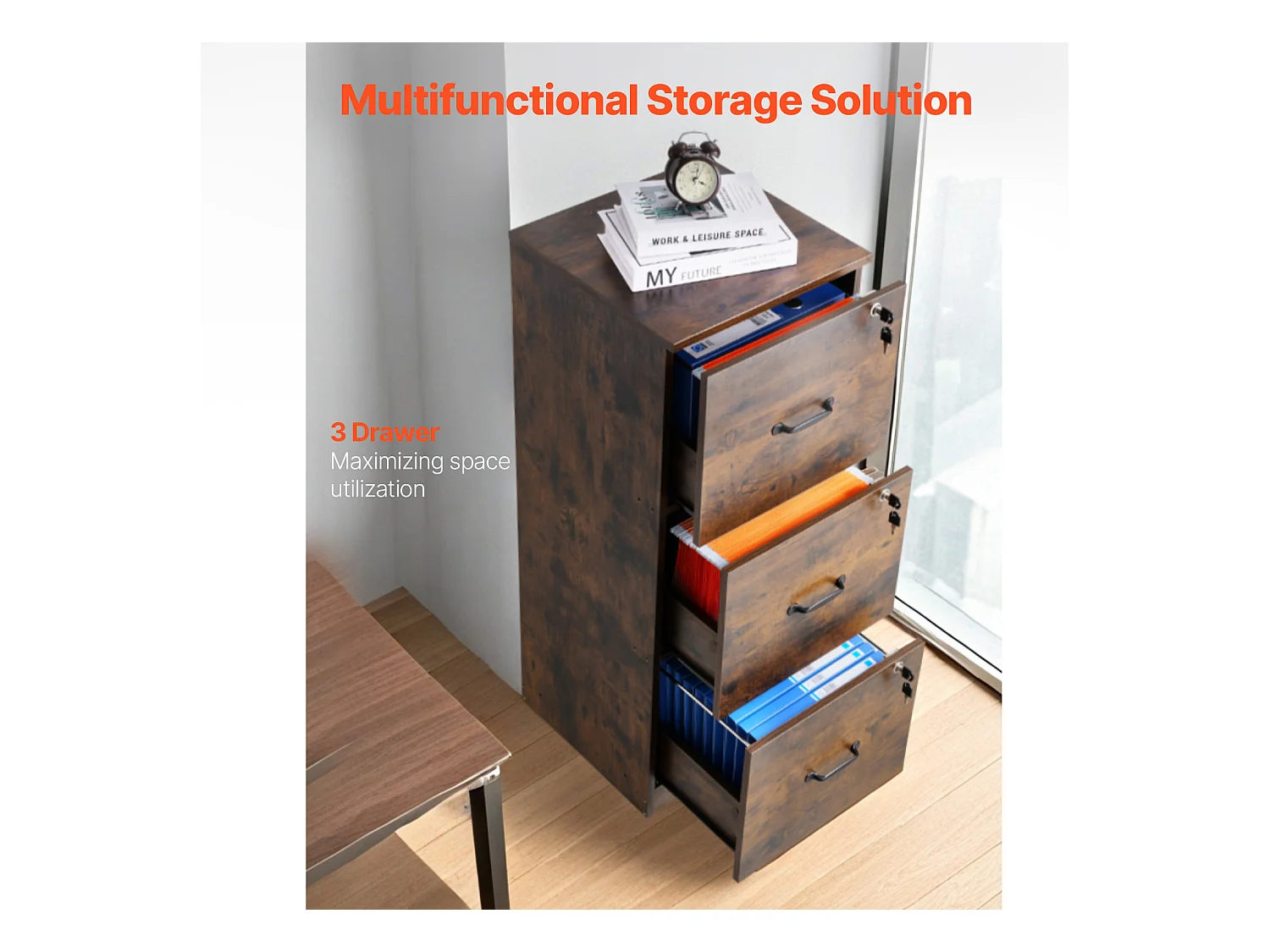 Classeur Vertical 3 Tiroirs SucceBuy avec Serrure, Robuste, Tringle Réglable (2 Niveaux), Document Rangement pour A4/Lettre/Légal, Montage Facile, Noir+Marron