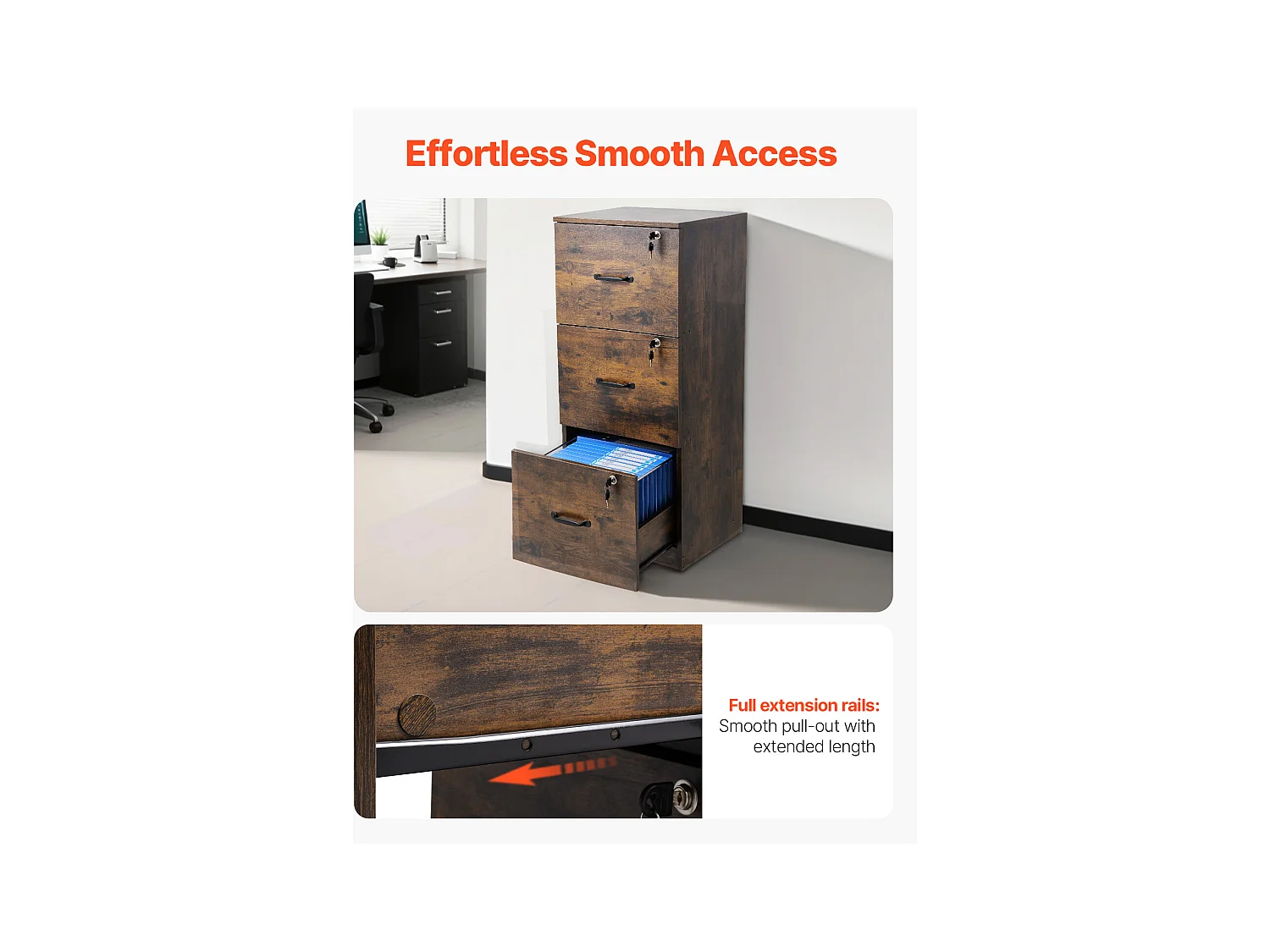 Classeur Vertical 3 Tiroirs SucceBuy avec Serrure, Robuste, Tringle Réglable (2 Niveaux), Document Rangement pour A4/Lettre/Légal, Montage Facile, Noir+Marron