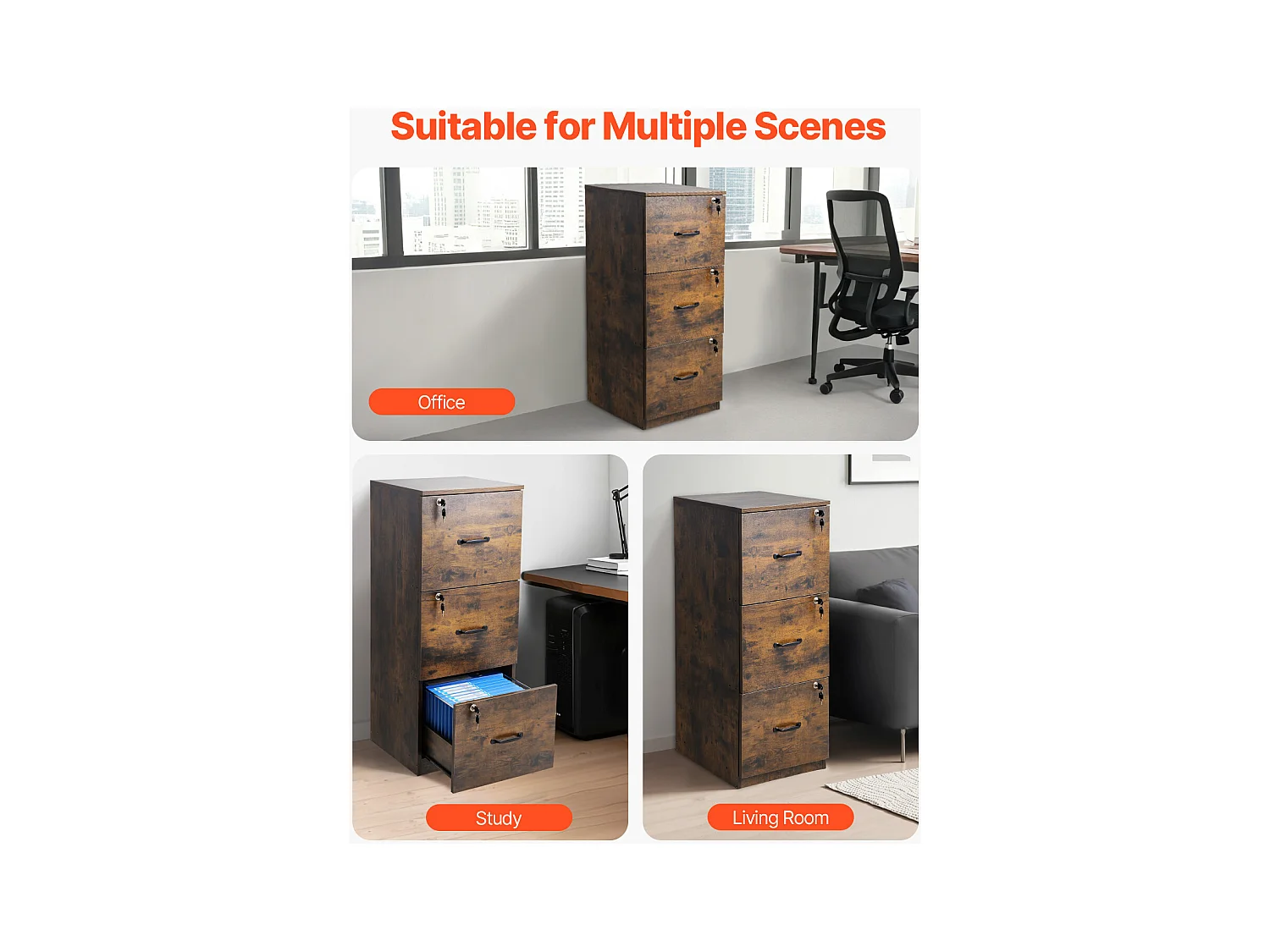 Classeur Vertical 3 Tiroirs SucceBuy avec Serrure, Robuste, Tringle Réglable (2 Niveaux), Document Rangement pour A4/Lettre/Légal, Montage Facile, Noir+Marron