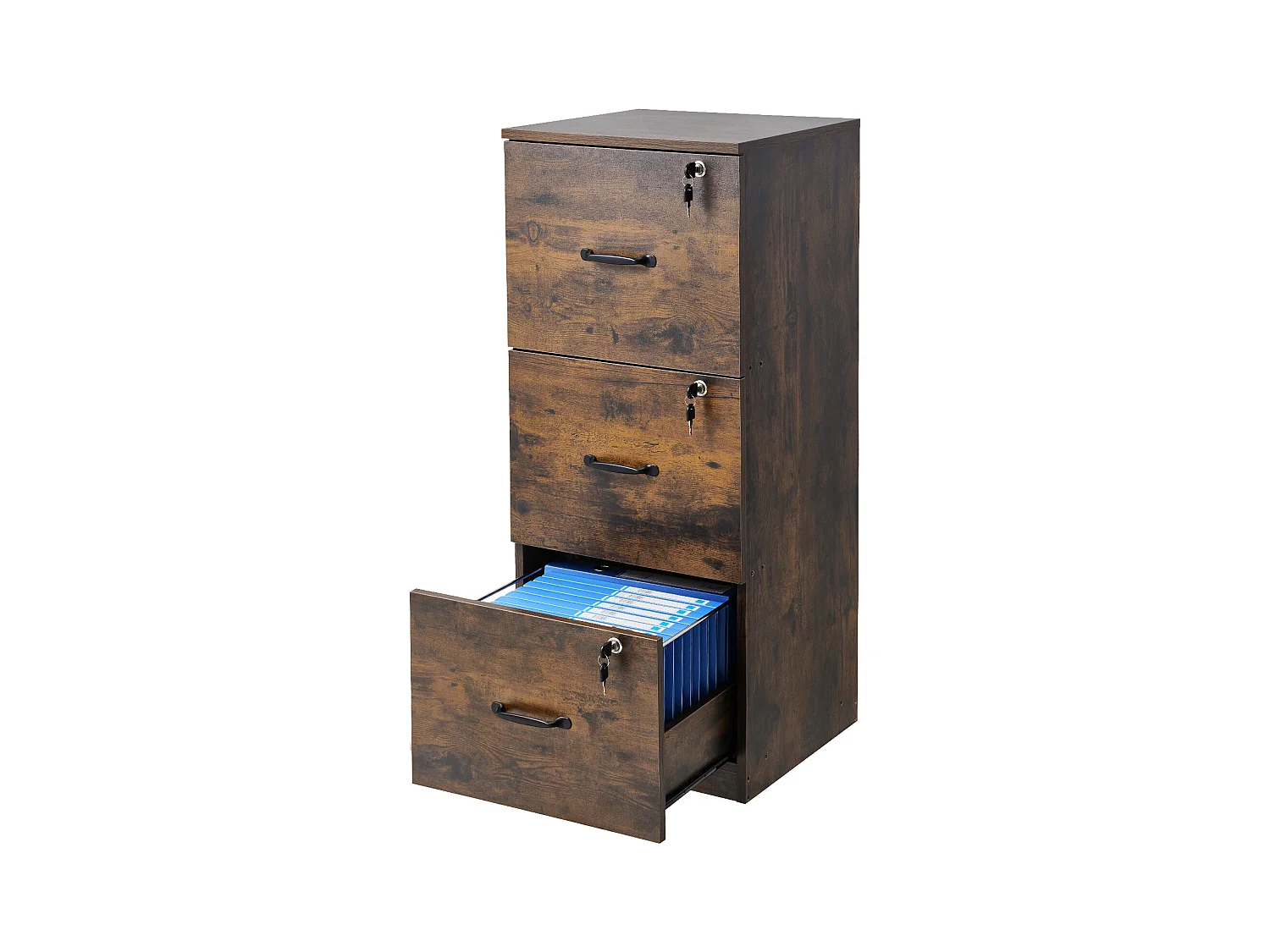 Classeur Vertical 3 Tiroirs SucceBuy avec Serrure, Robuste, Tringle Réglable (2 Niveaux), Document Rangement pour A4/Lettre/Légal, Montage Facile, Noir+Marron