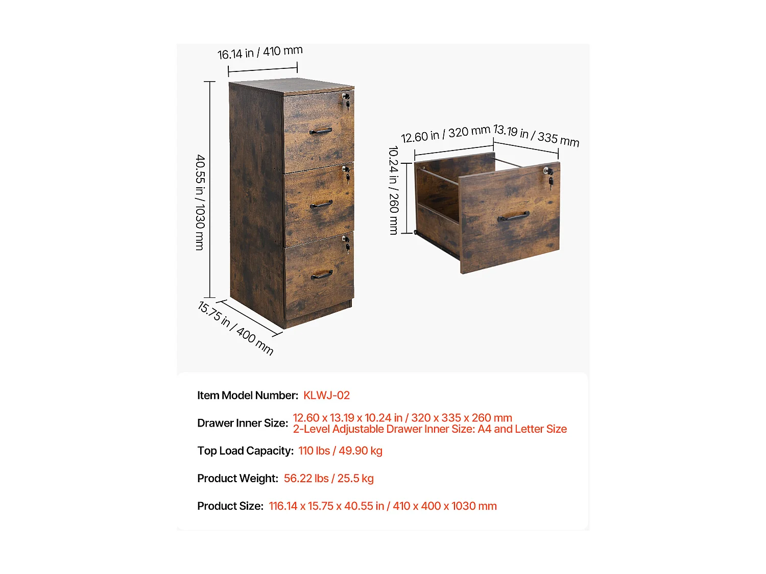 Vertikaler Aktenschrank mit 3 Schubladen von SucceBuy mit Schloss, Robust, Verstellbare Kleiderstange (2 Stufen), Dokumentenablage für Letter/Legal, Schwarz+Braun