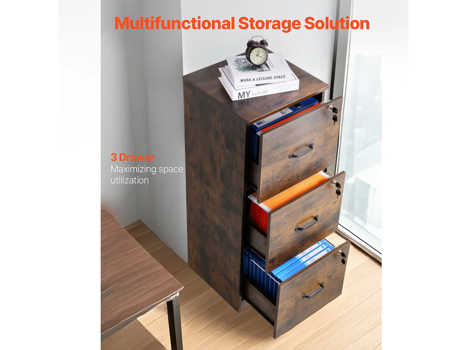 Vertikaler Aktenschrank mit 3 Schubladen von SucceBuy mit Schloss, Robust, Verstellbare Kleiderstange (2 Stufen), Dokumentenablage für Letter/Legal, Schwarz+Braun