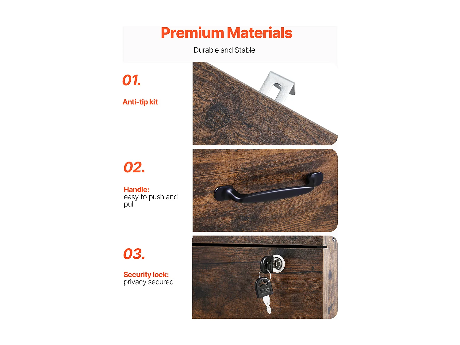 Vertikaler Aktenschrank mit 3 Schubladen von SucceBuy mit Schloss, Robust, Verstellbare Kleiderstange (2 Stufen), Dokumentenablage für Letter/Legal, Schwarz+Braun