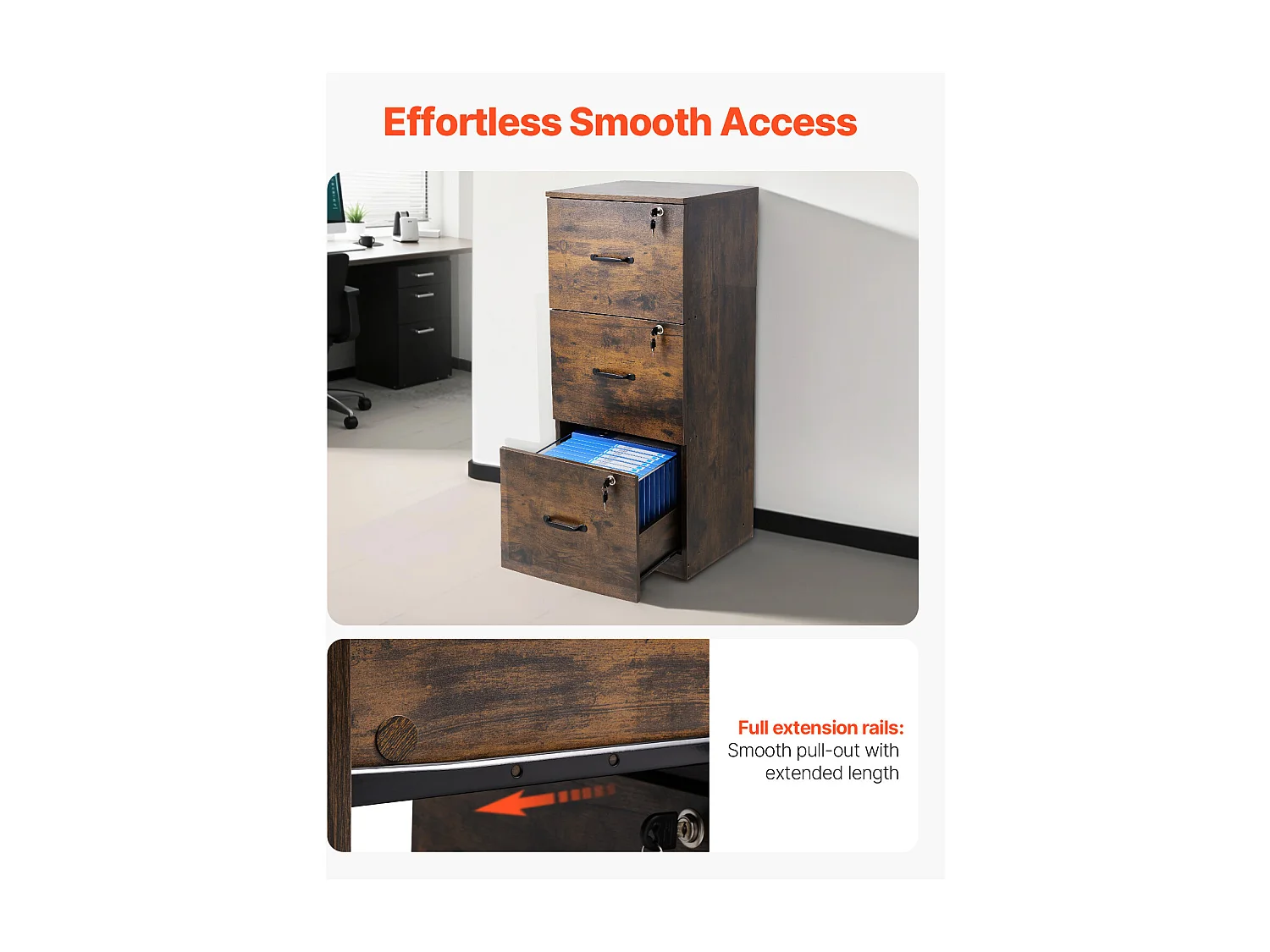 Vertikaler Aktenschrank mit 3 Schubladen von SucceBuy mit Schloss, Robust, Verstellbare Kleiderstange (2 Stufen), Dokumentenablage für Letter/Legal, Schwarz+Braun